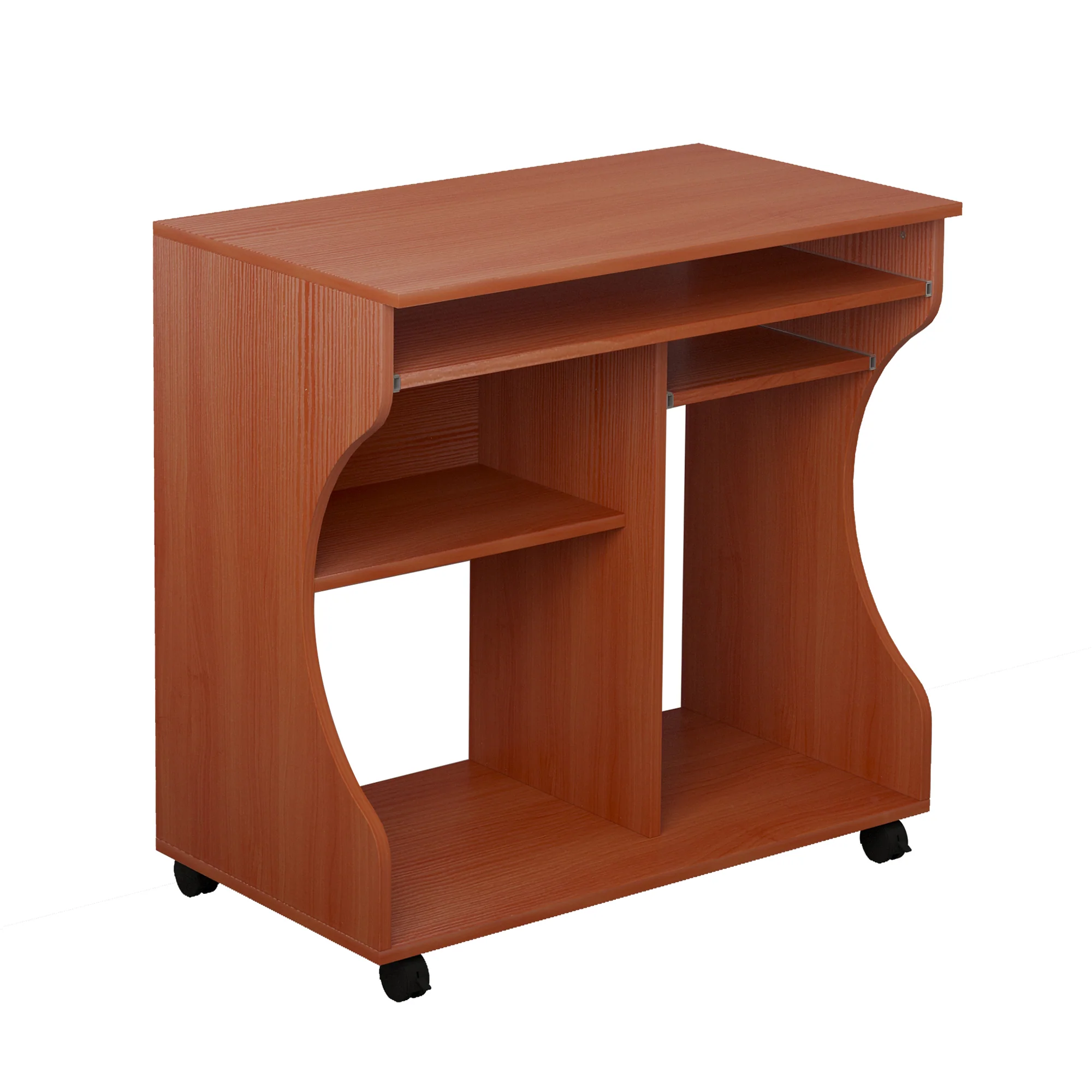 Escritorio para Ordenador con Bandeja Deslizante para Teclado, Estanterías de Almacenamiento y Ruedas, Color Cerezo