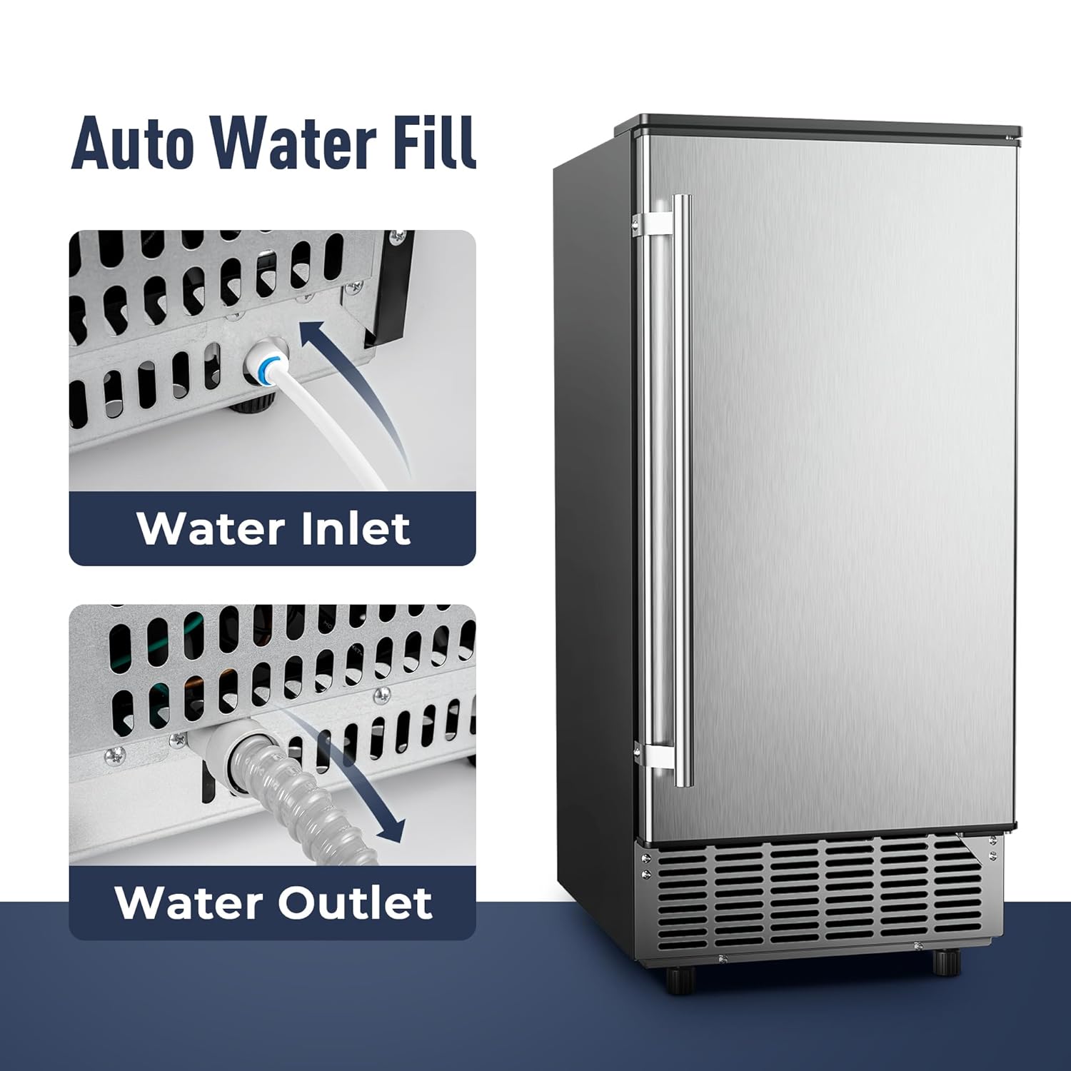 Máquina de Hielo Comercial Bajo Mostrador, 80 lbs/día con 24 lbs de Almacenamiento de Hielo, Bomba de Drenaje Integrada/Limpieza Automática/Ajuste de Temporizador/Pantalla LCD Inteligente, Ideal para Uso Doméstico y Comercial