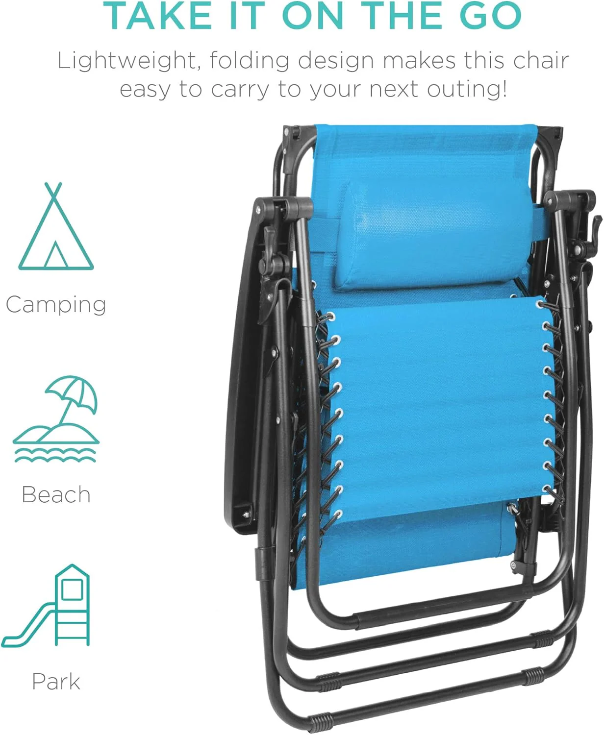 Best Choice Products – Silla Reclinable de Patio con Gravedad Cero, Ajustable y Plegable para Exteriores con Dosel, Almohada Cervical y Bandeja Lateral, Textileno – Azul Pavo Real