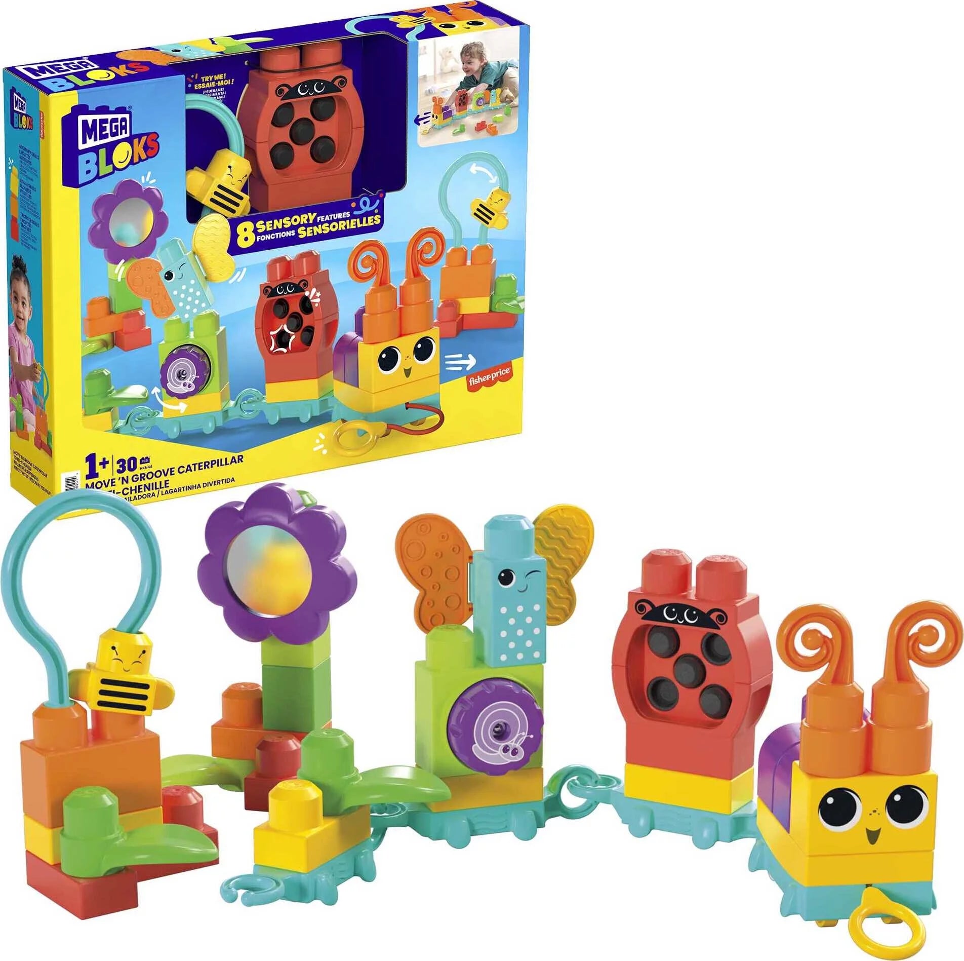 MEGA BLOKS Fisher-Price Bloques Sensoriales Move n Groove Oruga (24 piezas) para niños pequeños