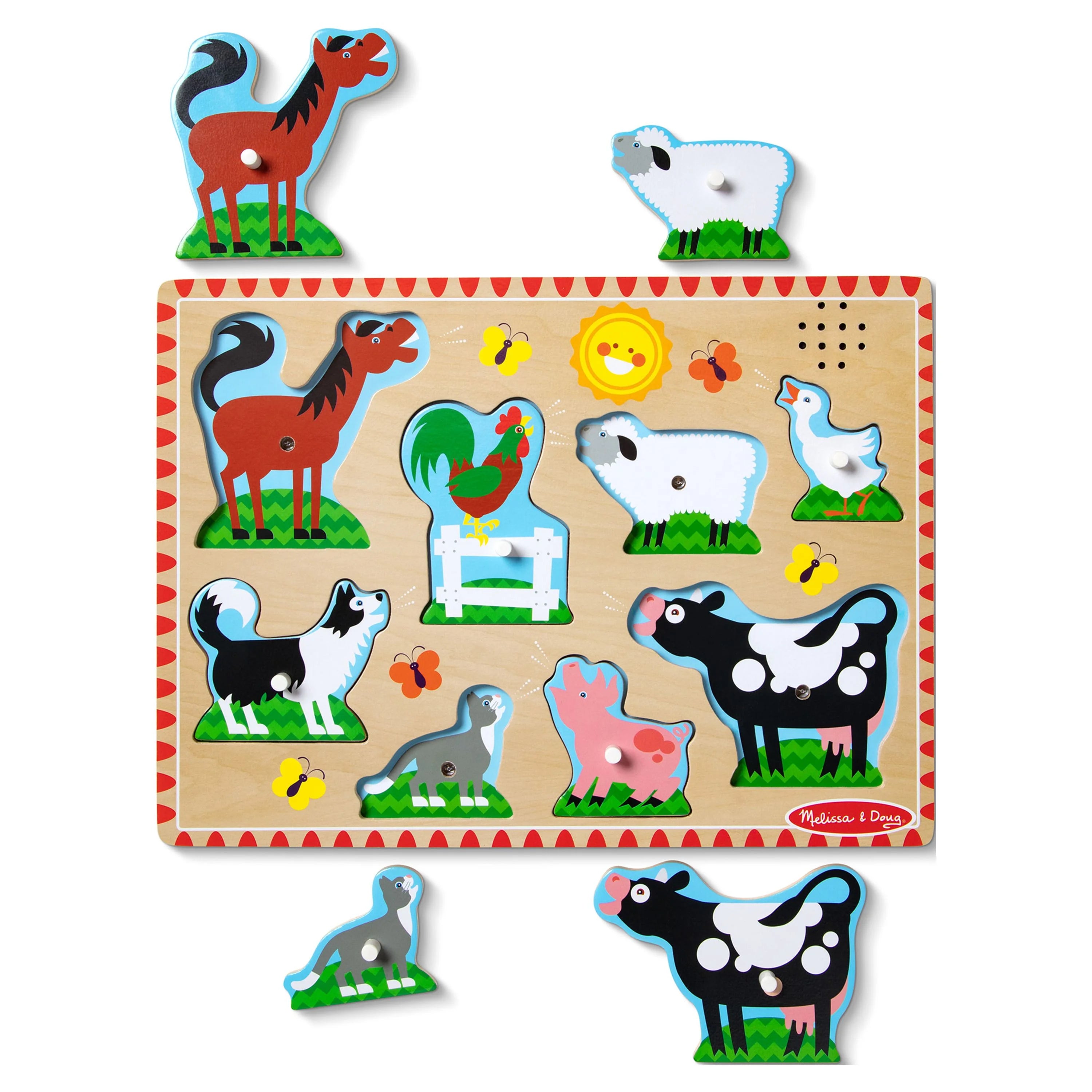 Melissa & Doug Rompecabezas Sonoro de Animales de Granja – Rompecabezas de Madera con Clavijas y Efectos de Sonido (8 piezas)