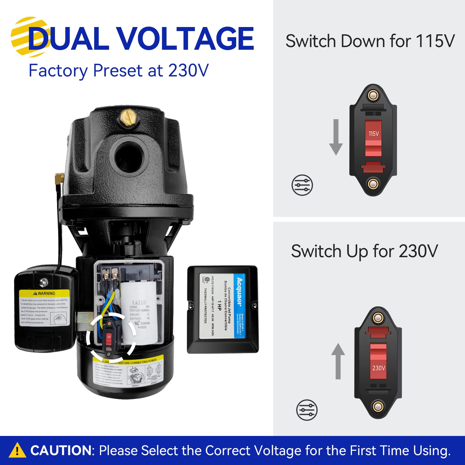 2025 Bomba de Pozo Acquaer 1HP Convertible de Hierro Fundido con Kit de Eyectores – Para Pozos Superficiales y Profundos hasta 25 o 90 ft, Voltaje 115V/230V, con Interruptor de Presión Automático