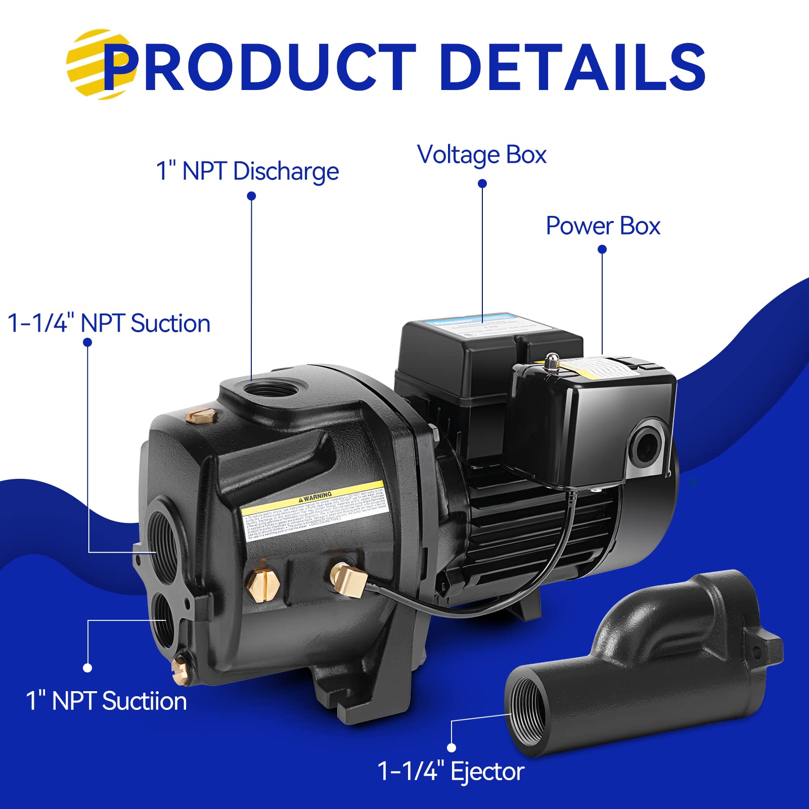 Acquaer Bomba de Chorro Convertible para Pozo Poco Profundo/Profundo de 1HP, Hierro Fundido con Kit de Eyector, Profundidad del Pozo Hasta 7.5 m o 27 m, Voltaje Dual 115V/230V, Interruptor de Presión Automático