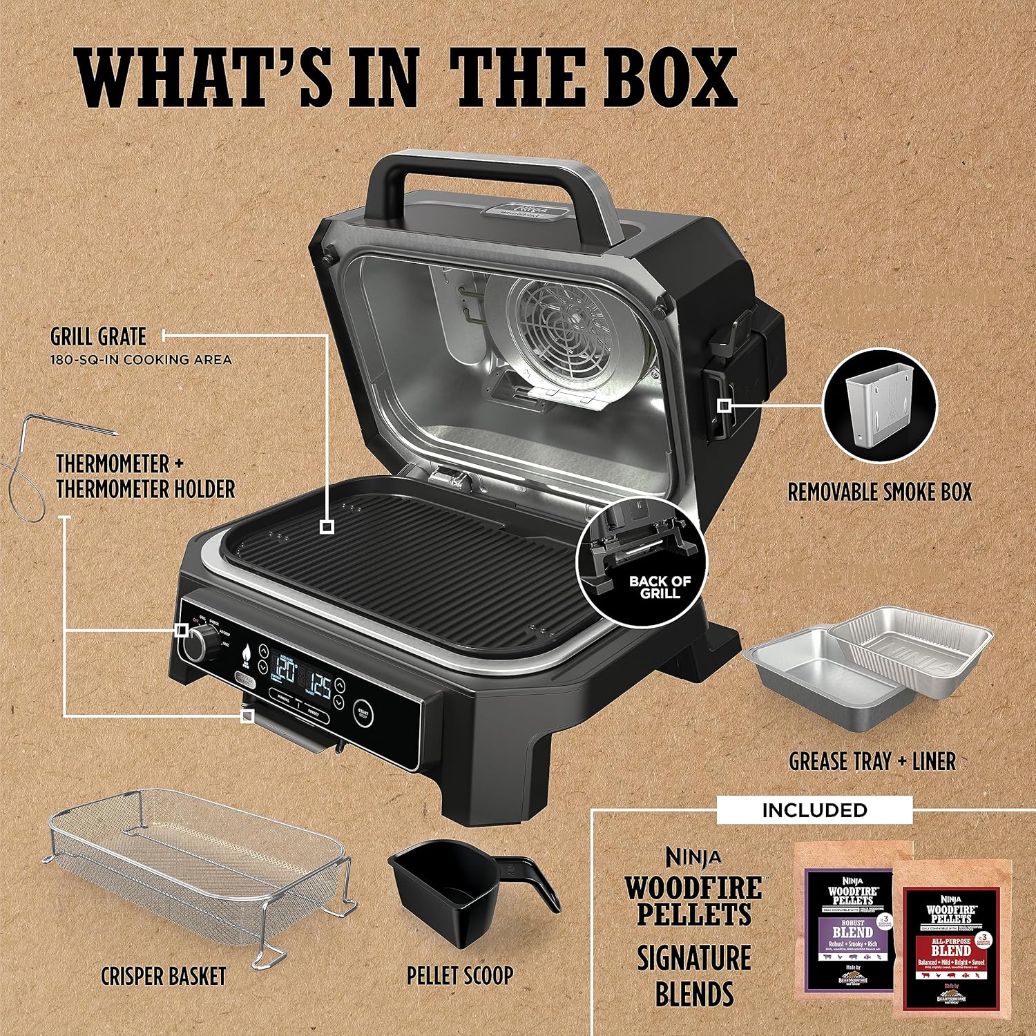 2025 Parrilla y ahumador exterior Ninja Woodfire Pro XL, termómetro, master grill 4 en 1, barbacoa ahumador, freidora de aire exterior, horno, portátil, parrilla eléctrica, gris oscuro, modelo OG850