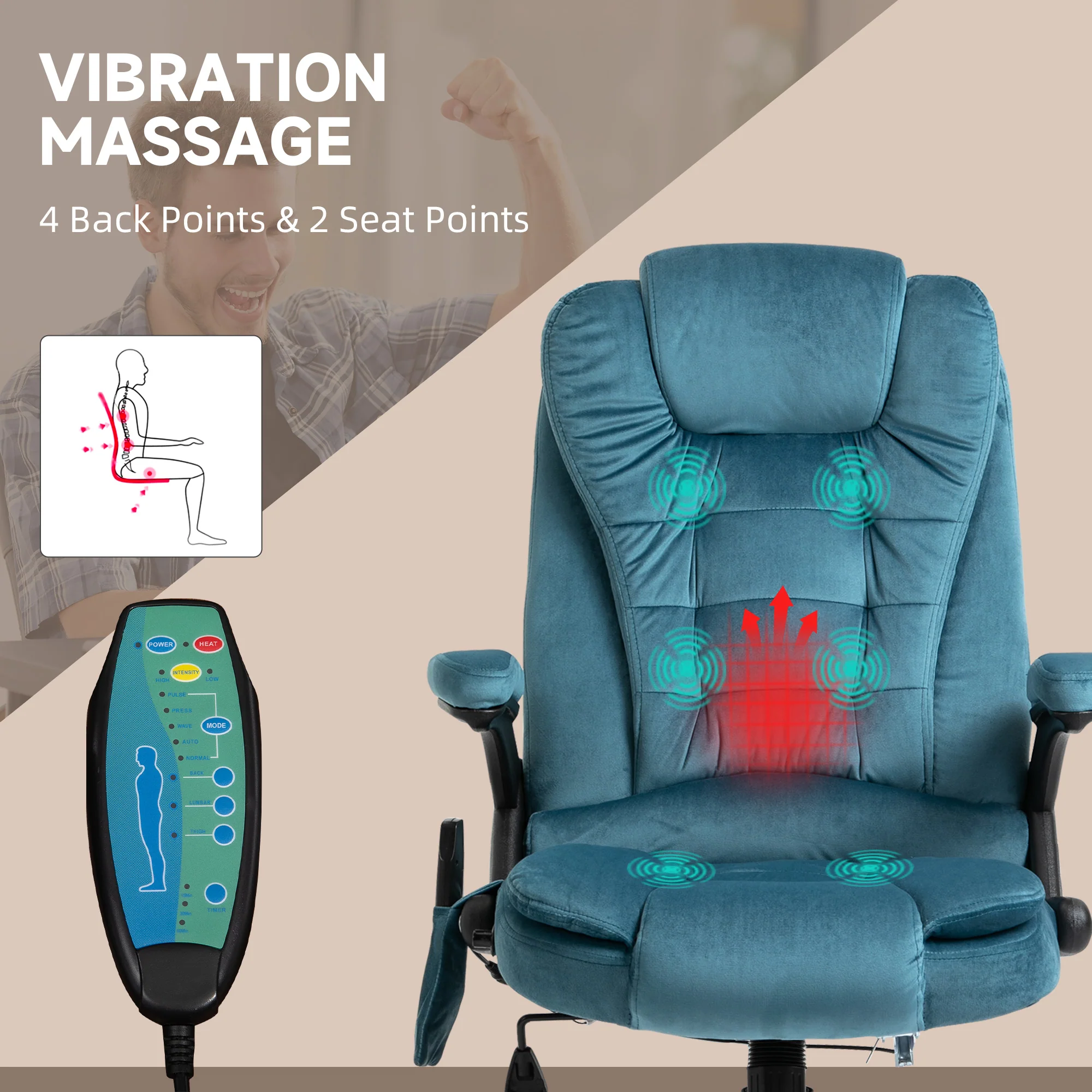 Silla de Oficina Ergonómica con Masaje de 6 Puntos y Calefacción en la Espalda, Tela Tipo Terciopelo, Azul