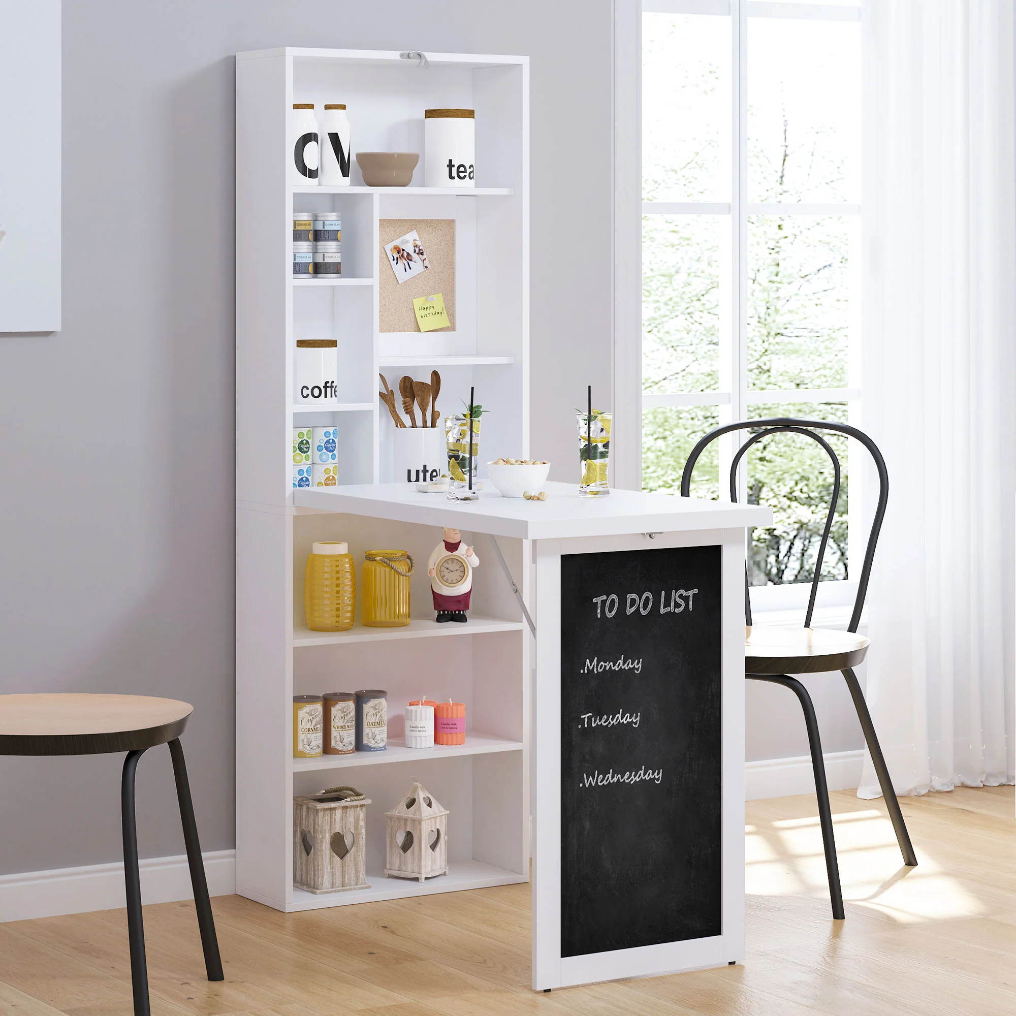 Escritorio de Ordenador de Pared – Mesa de Estudio Abatible con Pizarra y Estantería, Blanco