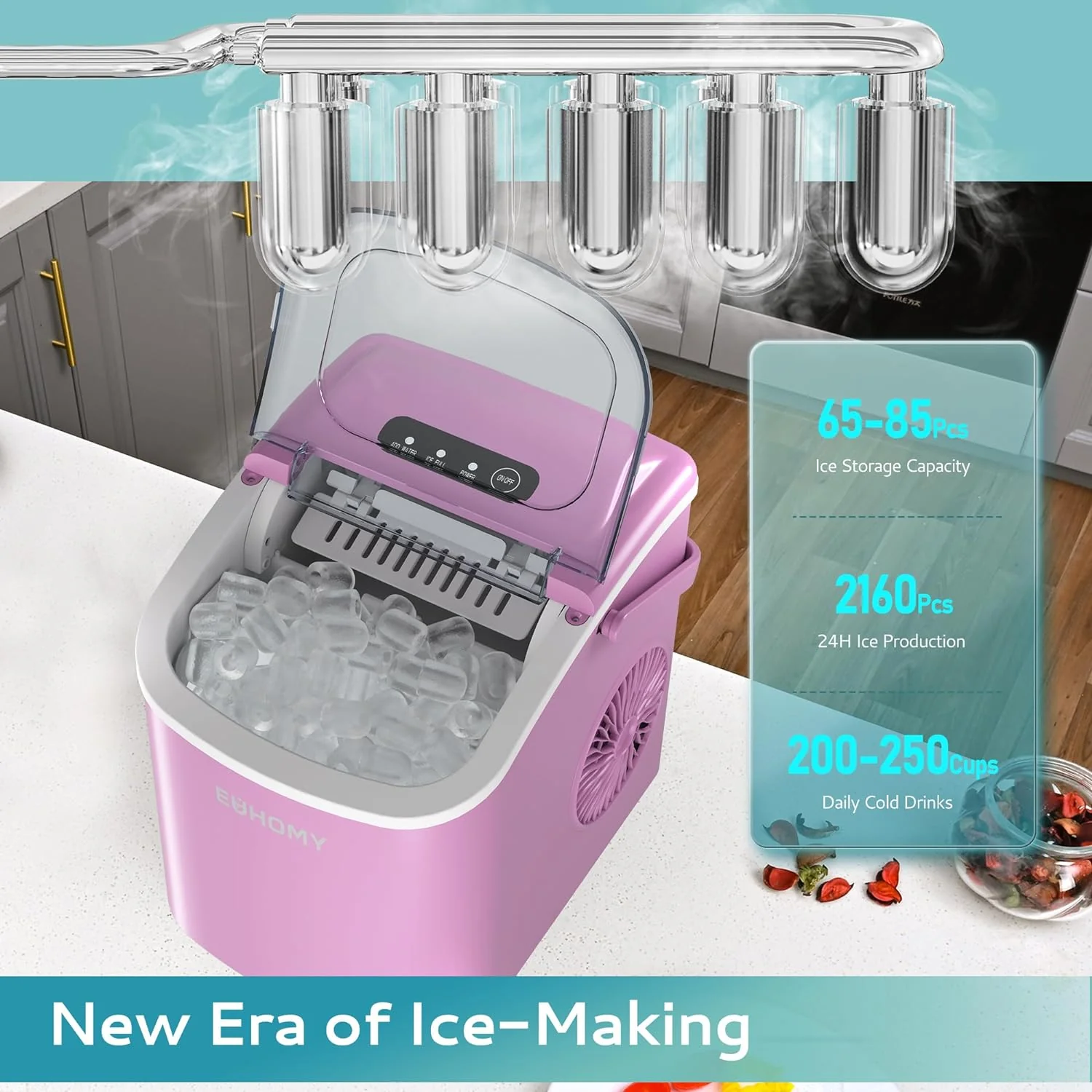 2025 Máquina de hielo portátil EUHOMY 12'' Rosa – Ultra silenciosa con asa