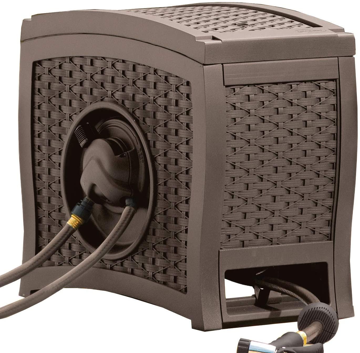 Suncast Aquawinder Carrete para Manguera de Jardín en Estilo Ratán de 125' – Ligero, Portátil, Enrollador Automático de Agua Sin Esfuerzo – Color Java
