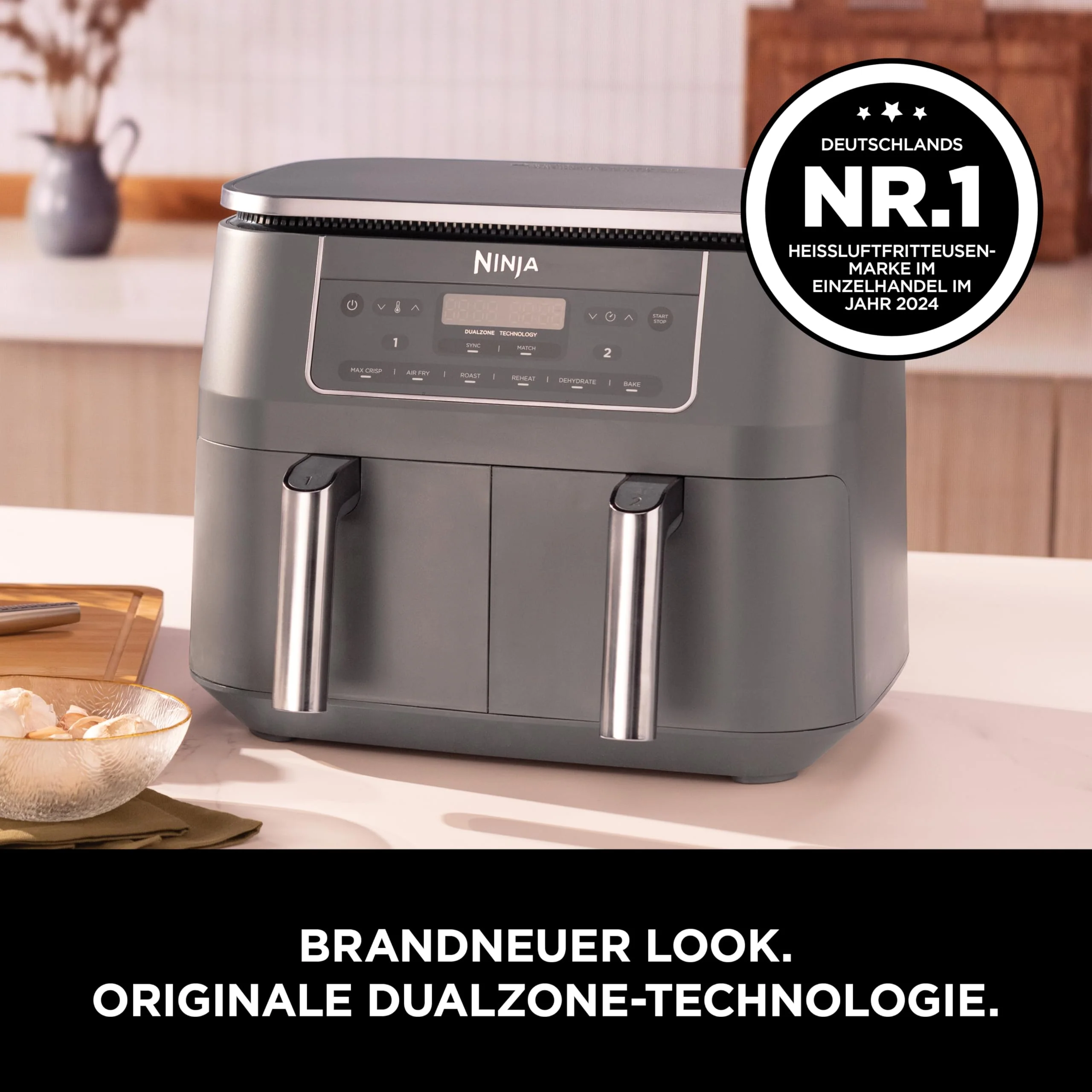 2025 Freidora de aire digital Ninja Dual Zone, 2 cajones, 6 en 1, sin aceite, capacidad 7,6 L, cocción con aire caliente, función Max Crisp, asar, hornear, recalentar, cestas aptas para lavavajillas, gris metálico DZ300EU