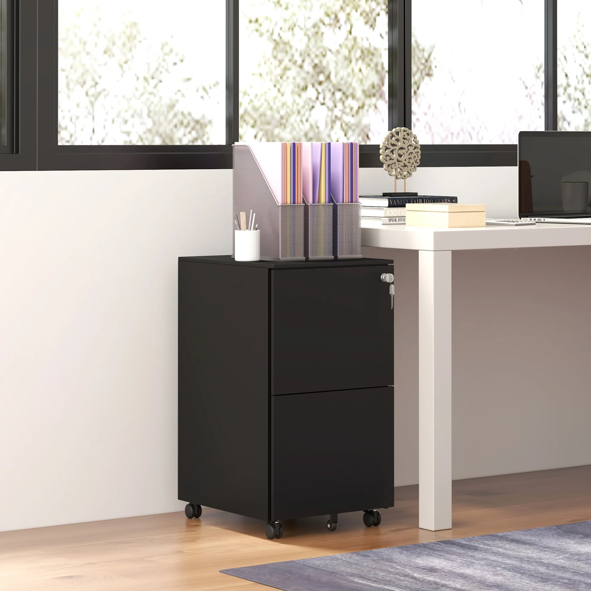 Archivador Móvil de Acero con 2 Cajones y Cerradura, Mueble de Oficina para Debajo del Escritorio, Negro