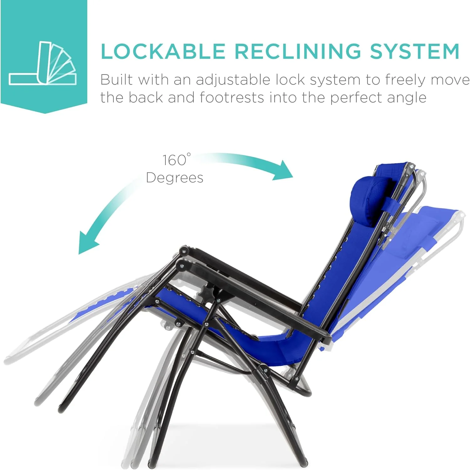 Best Choice Products – Silla Reclinable de Patio con Gravedad Cero, Ajustable y Plegable para Exteriores con Dosel, Almohada Cervical y Bandeja Lateral, Textileno – Azul Pavo Real