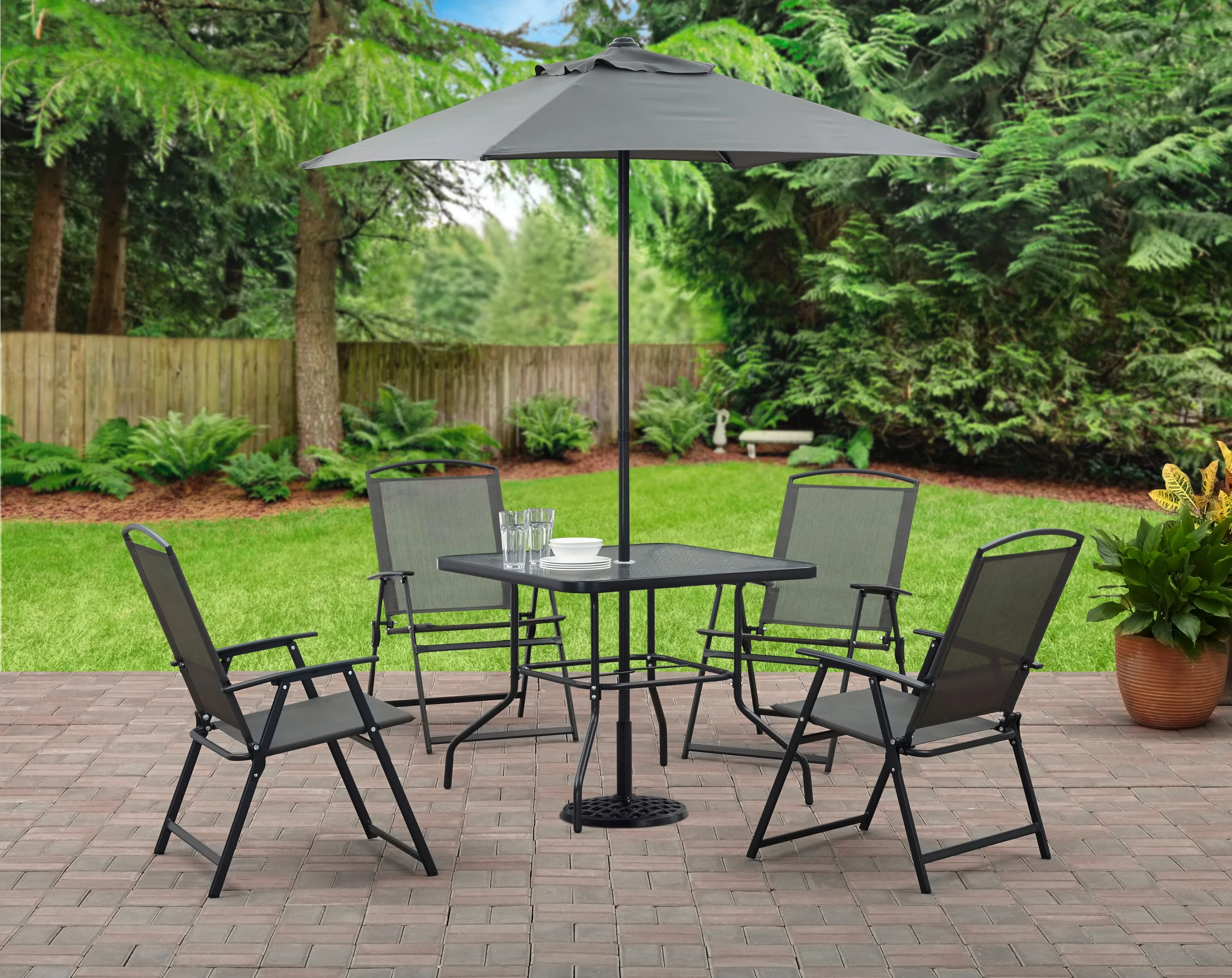 2025 Juego de comedor exterior Mainstays Albany Lane de 6 piezas con sombrilla, acero, rojo