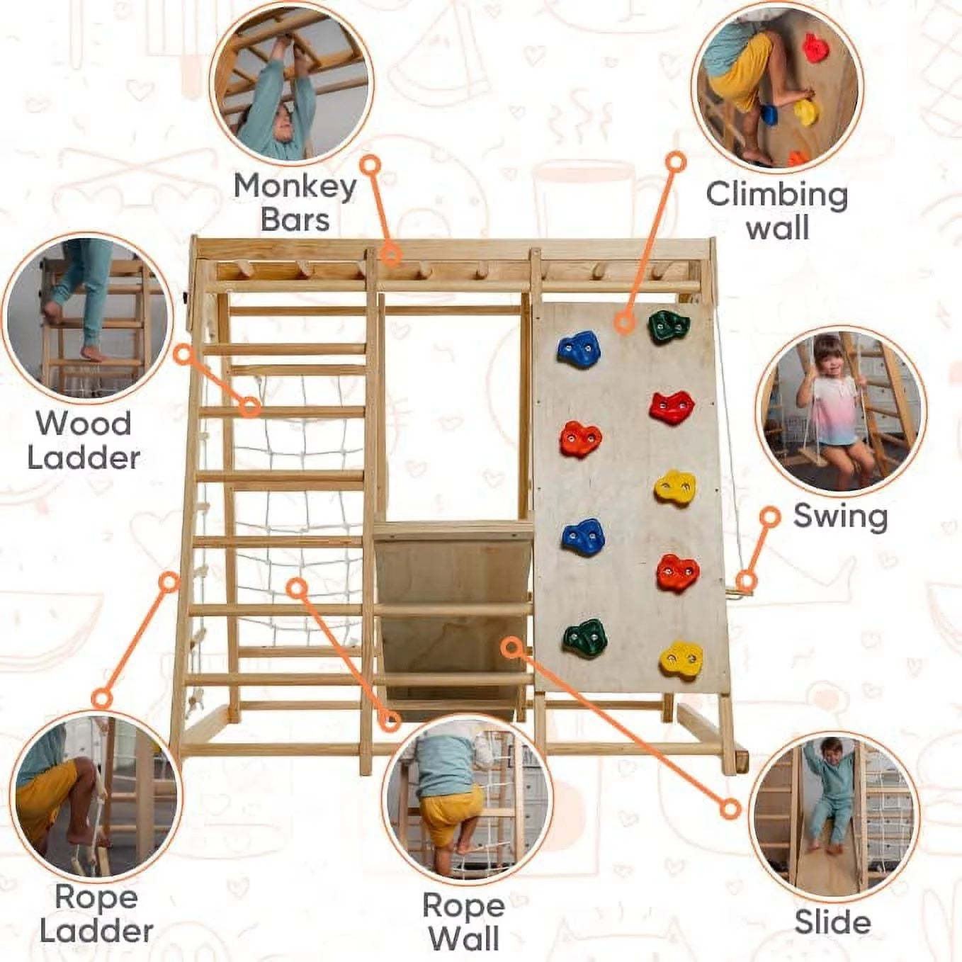 Avenlur Magnolia Parque Infantil Interior Gimnasio Jungle 6 en 1 Estilo Montessori Waldorf Juego de Escalada de Madera con Tobogán, Pared de Escalada, Escalera de Cuerda, Barras de Mono y Columpio para Niños de 2 a 6 años