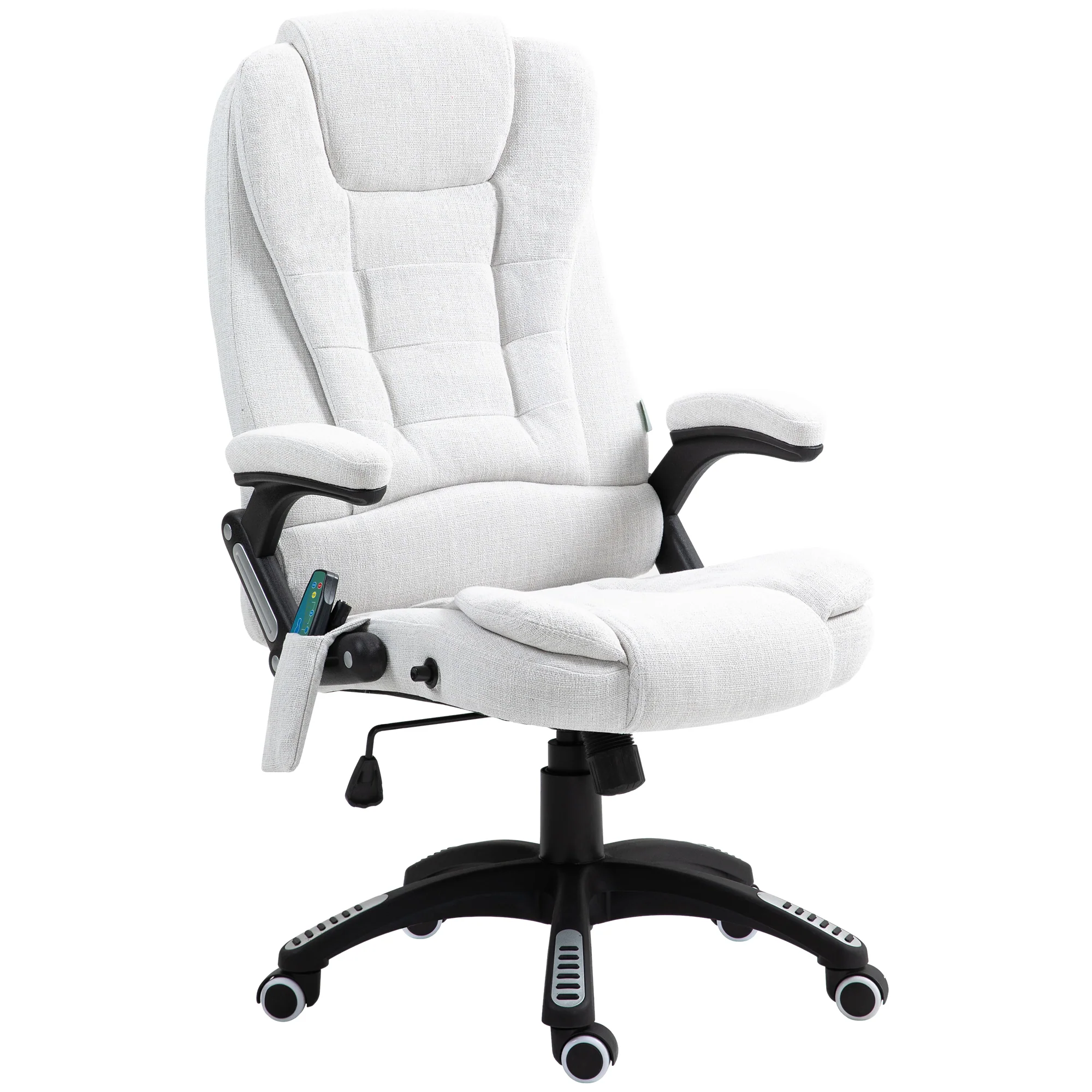 Silla de Oficina Ergonómica con Masaje de 6 Puntos y Calefacción en la Espalda, Tela Tipo Lino, Blanco Crema