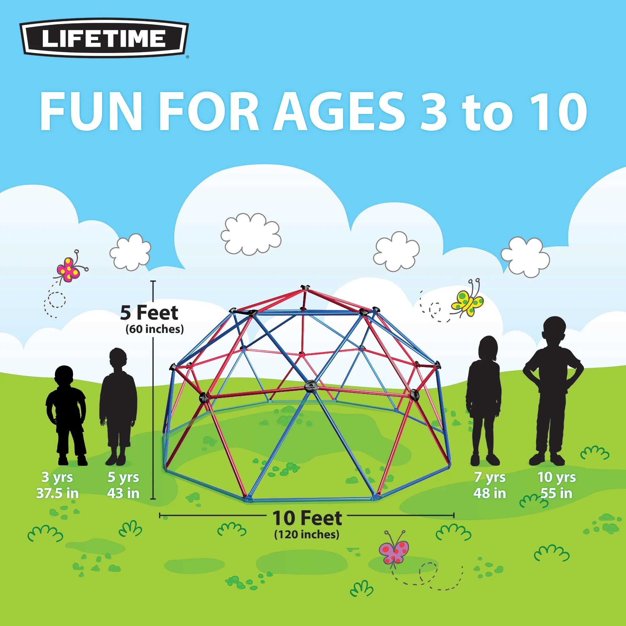 2025 Escalador Geodomo Lifetime para Niños de 5 pies de alto y 10 pies de ancho, Rojo y Azul (101301)