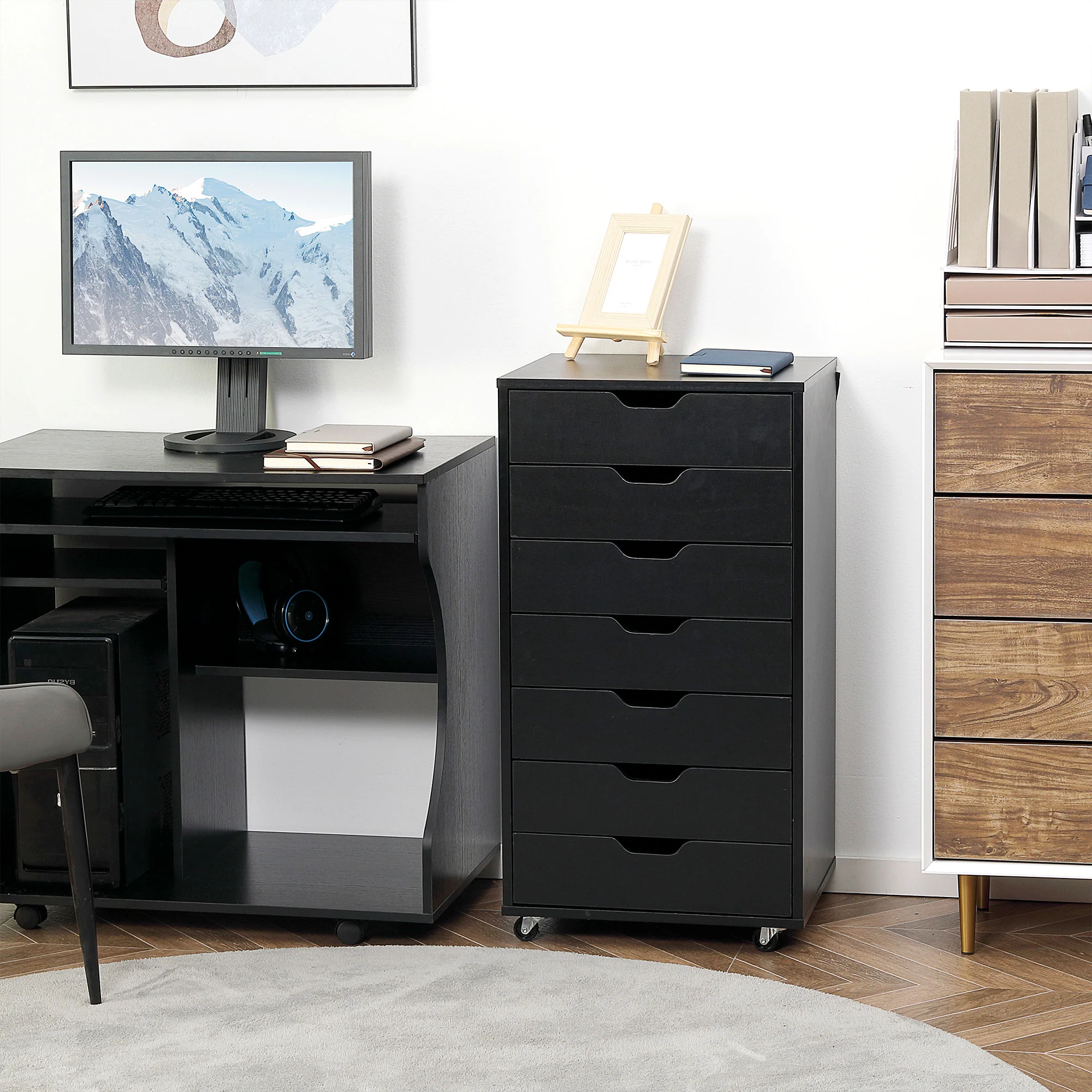 Cajonera Vertical de 7 Cajones, Mueble de Oficina Móvil con Ruedas, Negro