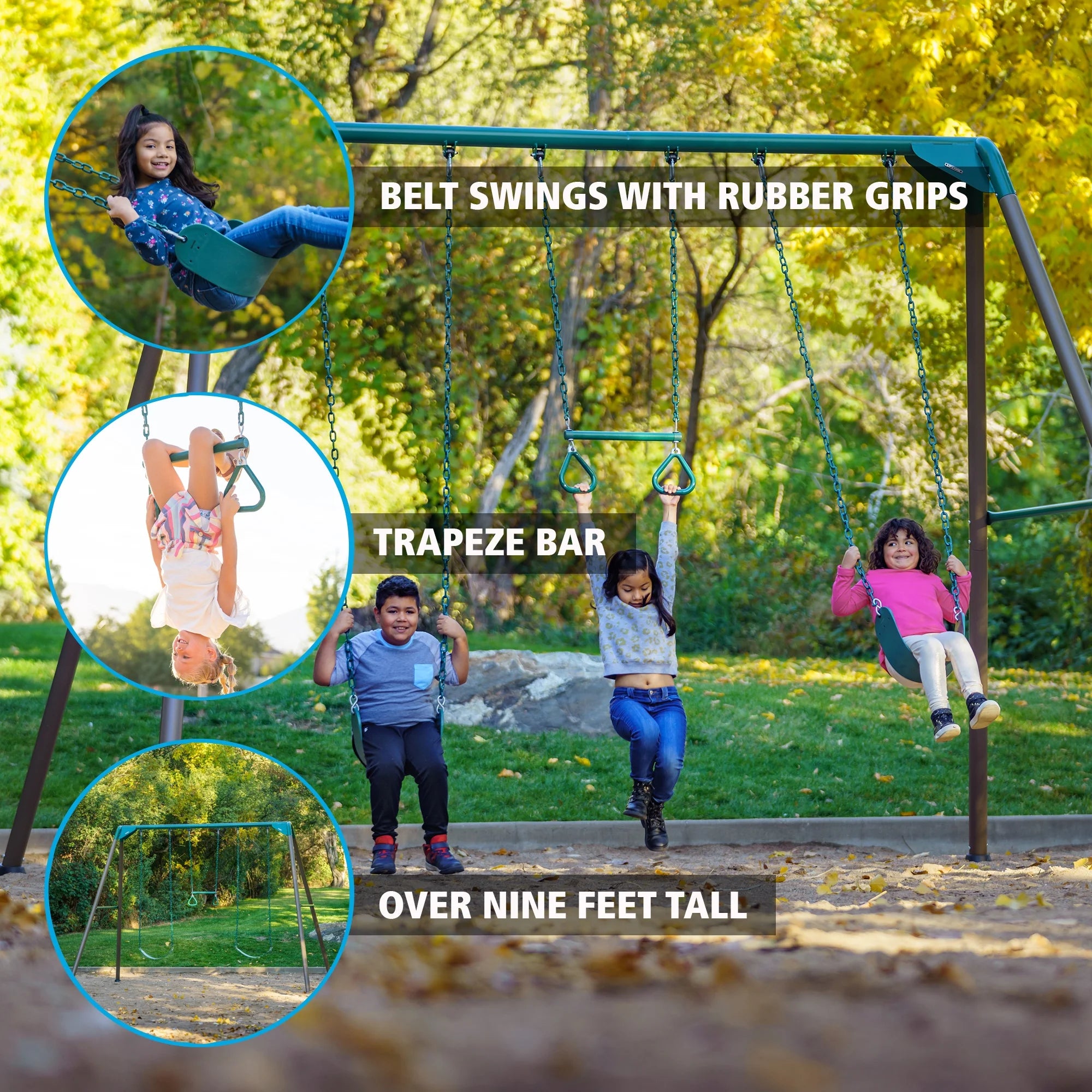 Lifetime Juego de Columpios Metálico para Niños con 2 Columpios de Cinturón y Barra de Trapecio – 9 pies (91137)