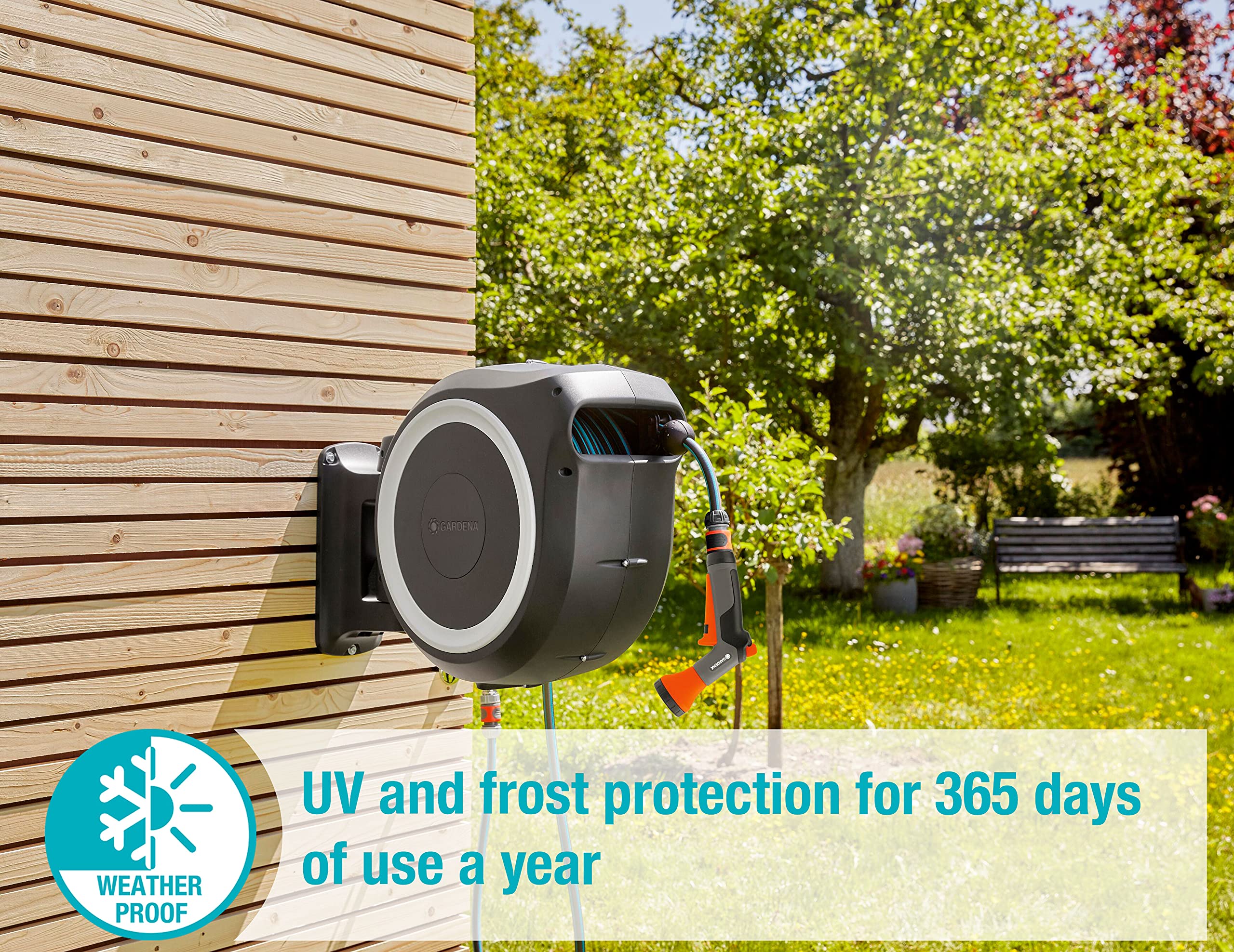 2025 Caja de manguera mural Gardena RollUp L (blanca) 30 m con pistola de limpieza ecoPulse