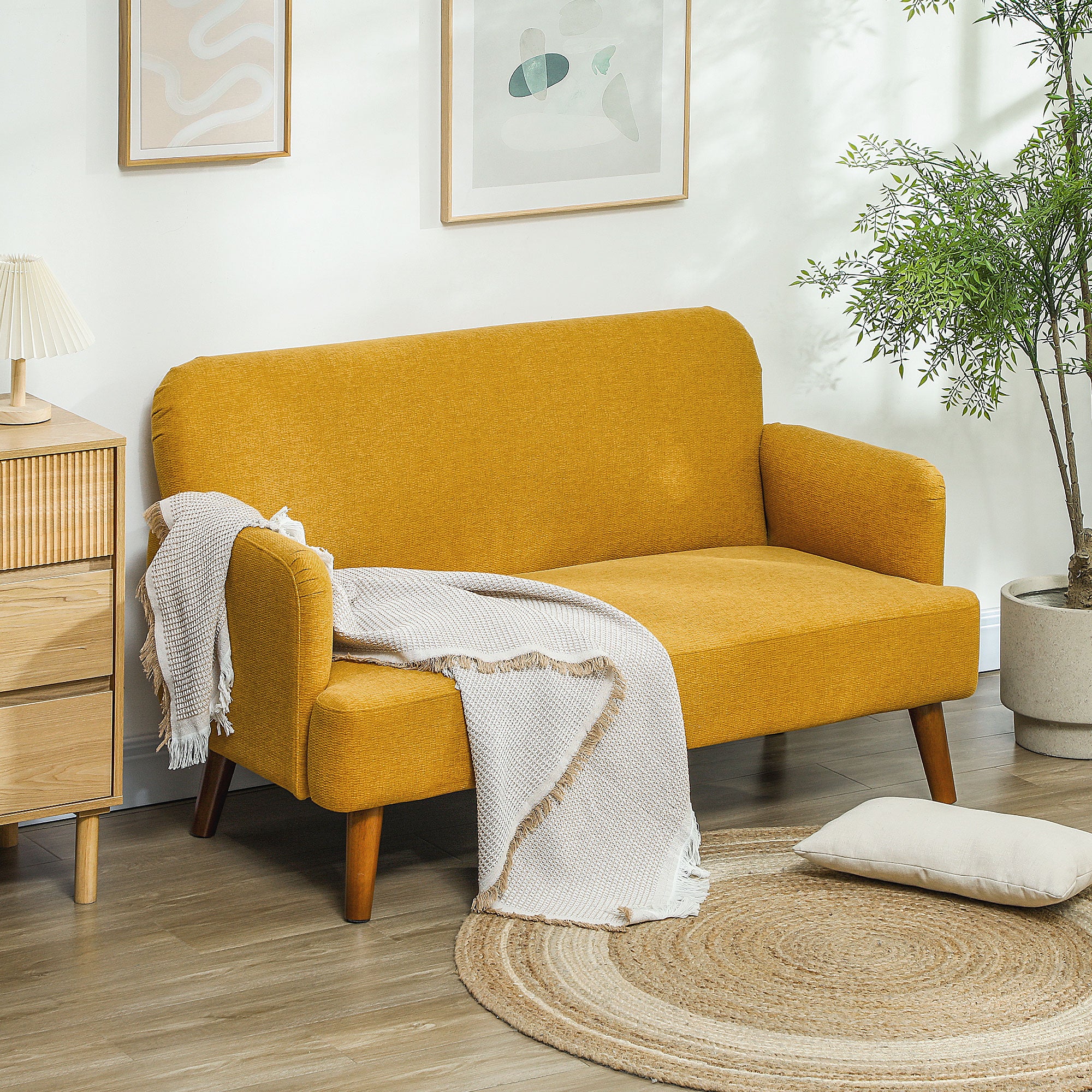 Sofá de 2 plazas en terciopelo, acolchado grueso de 21 cm y patas de madera, color amarillo