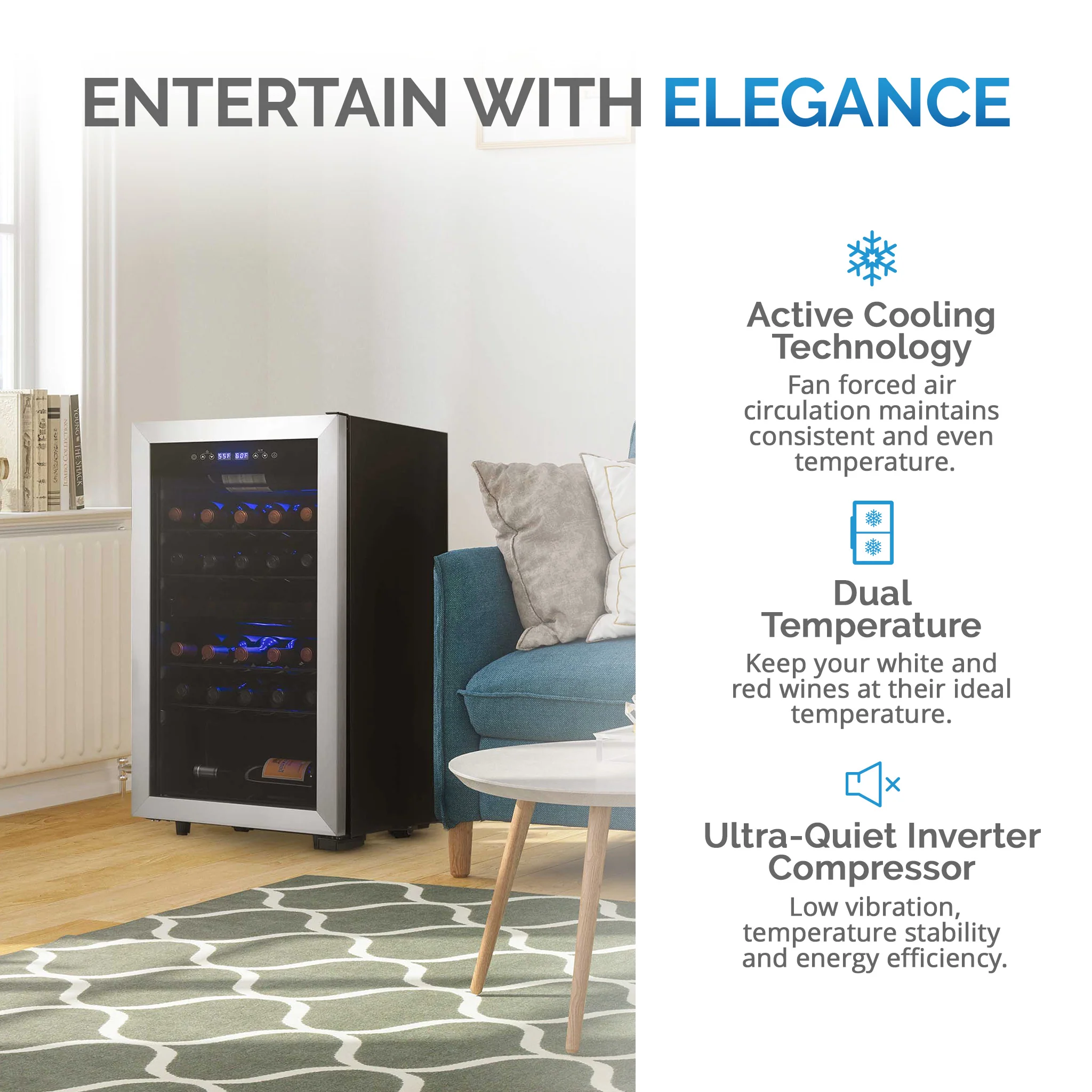 2025 Refrigerador de Vinos Independiente Newair® – 28 Botellas (48 cm), Doble Zona, Acero Inoxidable