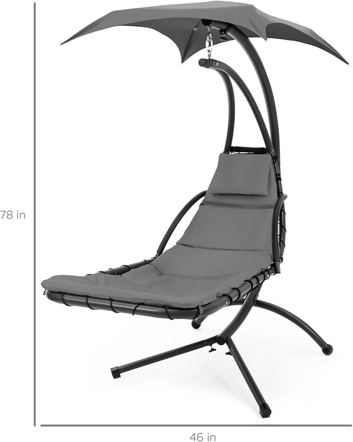 Chaise Longue Suspendue de Exterior Best Choice Products – Silla Balancín Curvada de Acero con Cojín Integrado y Toldo Desmontable – Gris Carbón