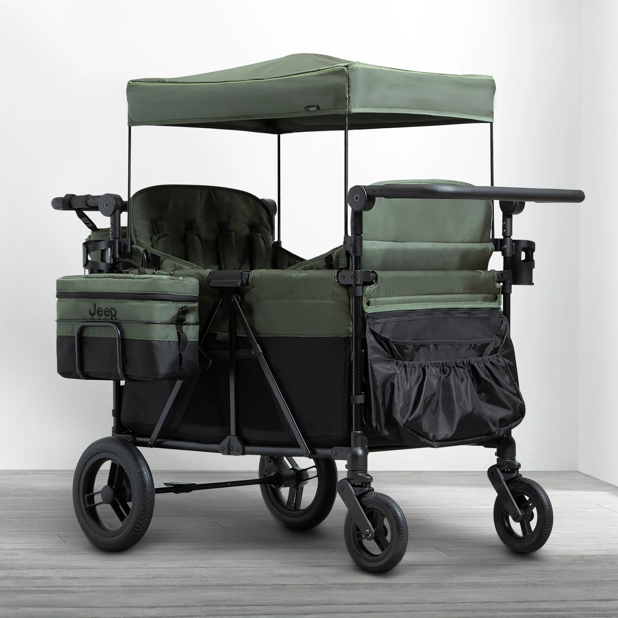 Carrito-Paseador Jeep Wrangler Deluxe para 4 Niños – Capota Desmontable, Bolsa Térmica, Asientos Modulares, Almacenamiento XXL, Ruedas Antipinchazos, Manillares Ajustables