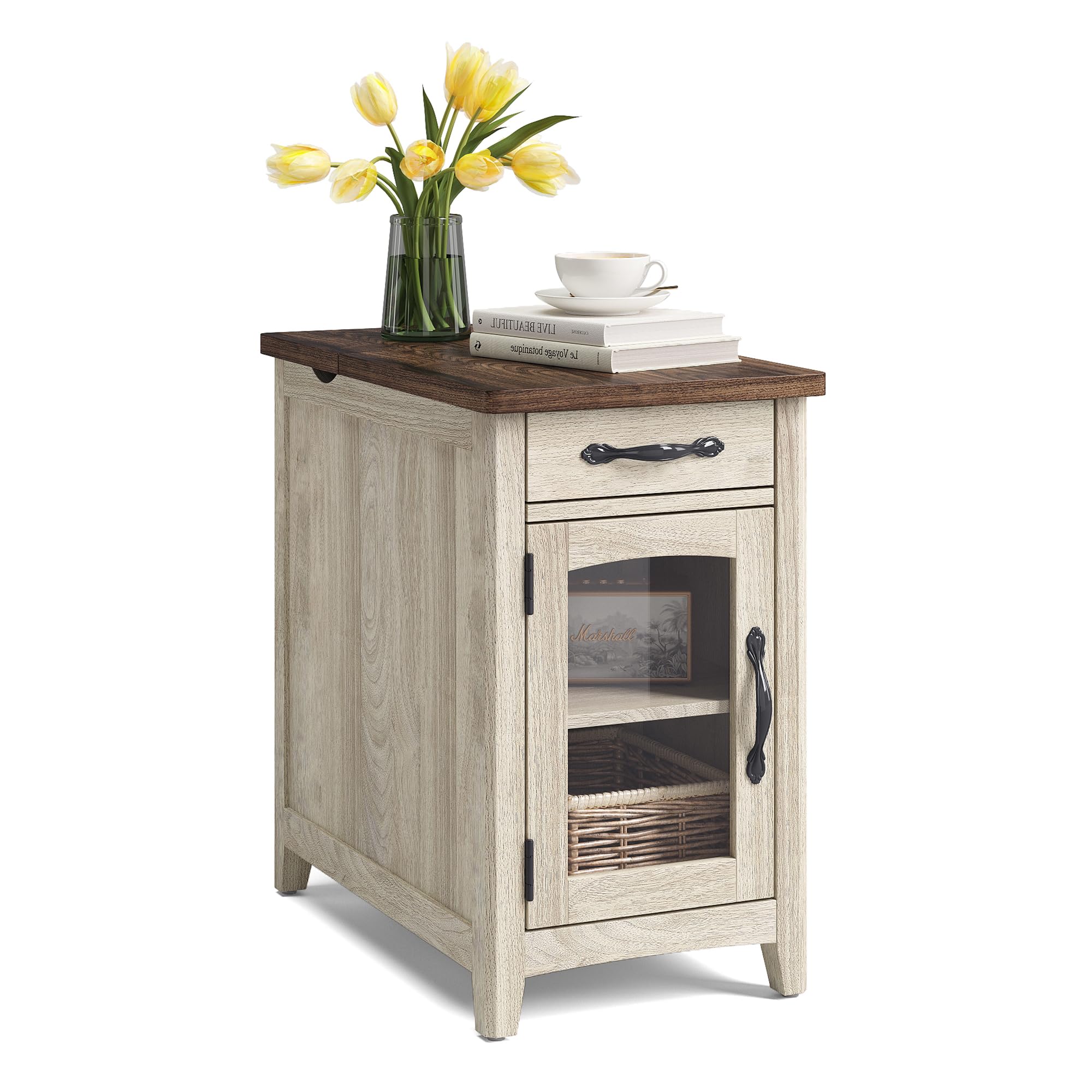 Mesa Auxiliar con Estación de Carga, Mesita de Noche con Cajón y Soporte Removible