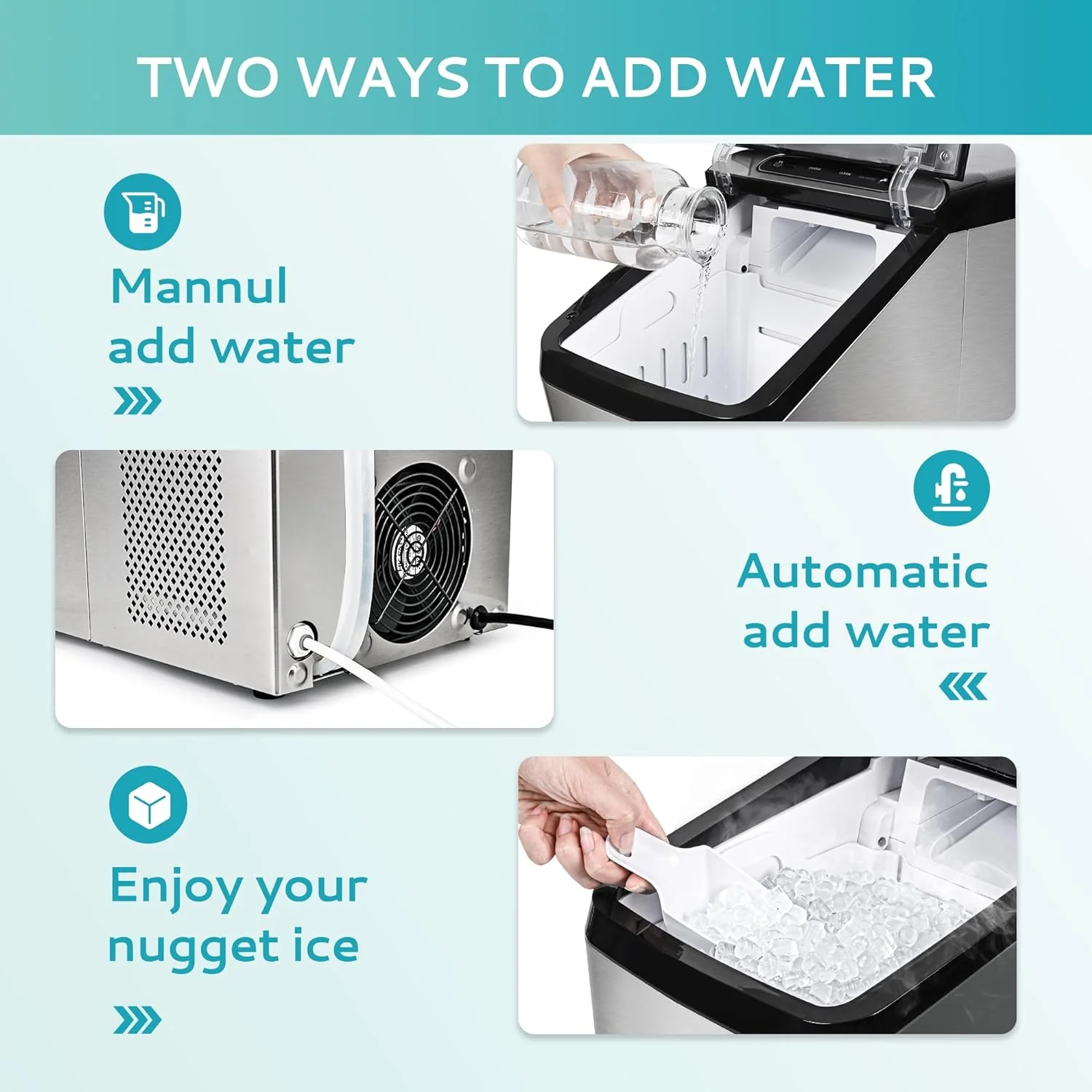 2025 Máquina de hielo con compresor de alta eficiencia EUHOMY 18'' – Hielo tipo Nugget masticable, compacta y potente