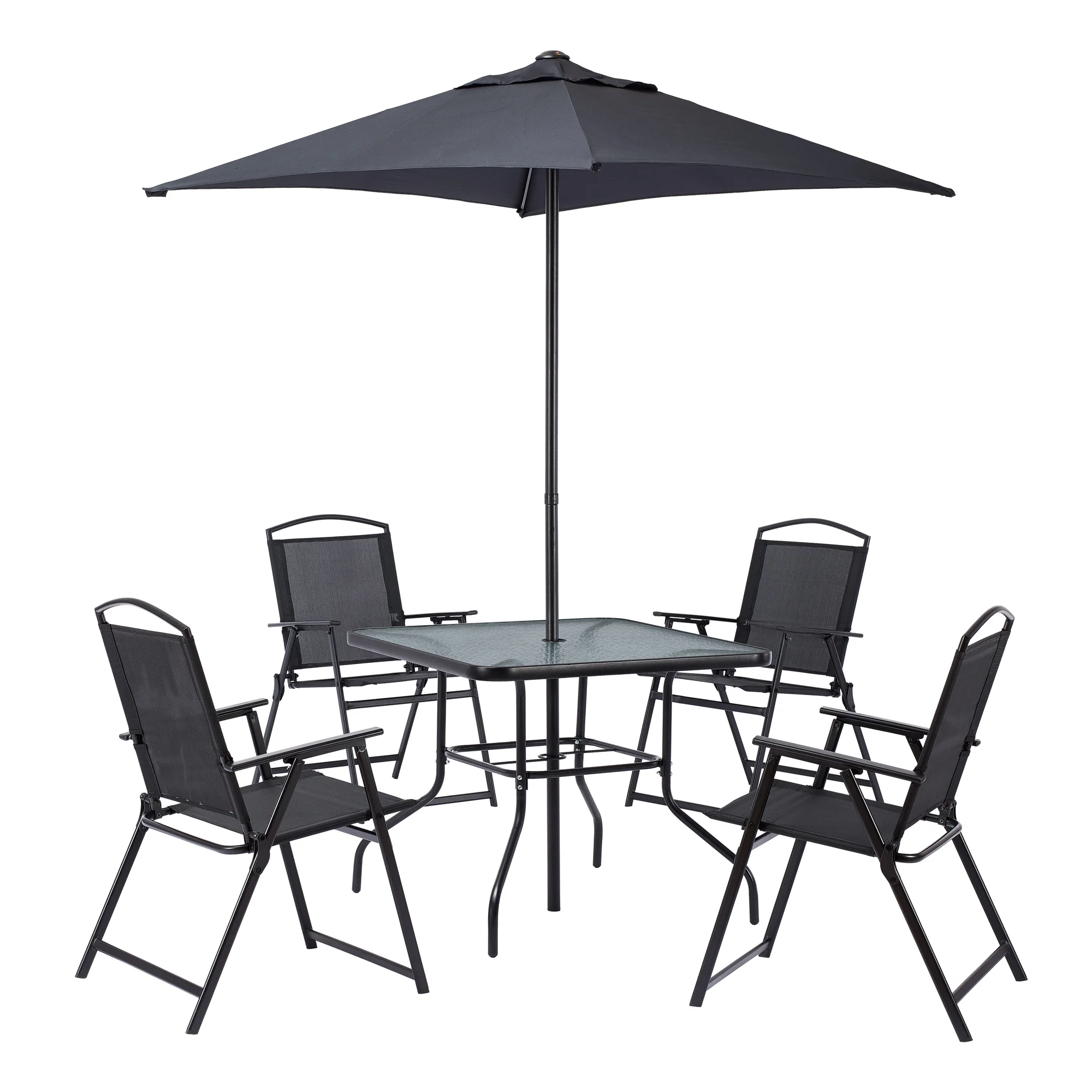 2025 Juego de comedor exterior Mainstays Albany Lane de 6 piezas con sombrilla, acero, rojo