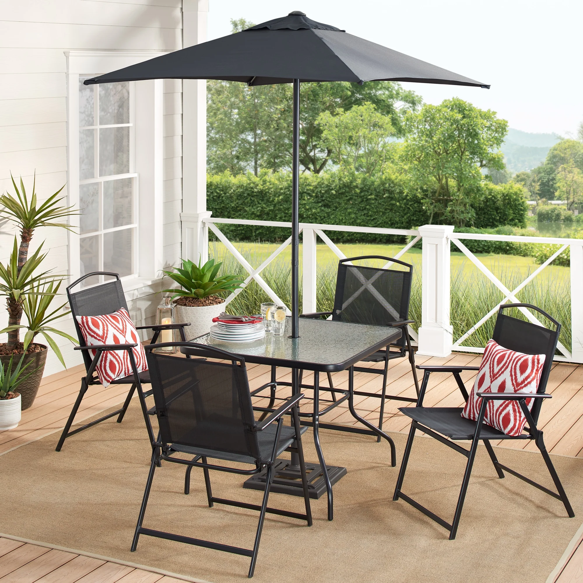 2025 Juego de comedor exterior Mainstays Albany Lane de 6 piezas con sombrilla, acero, rojo