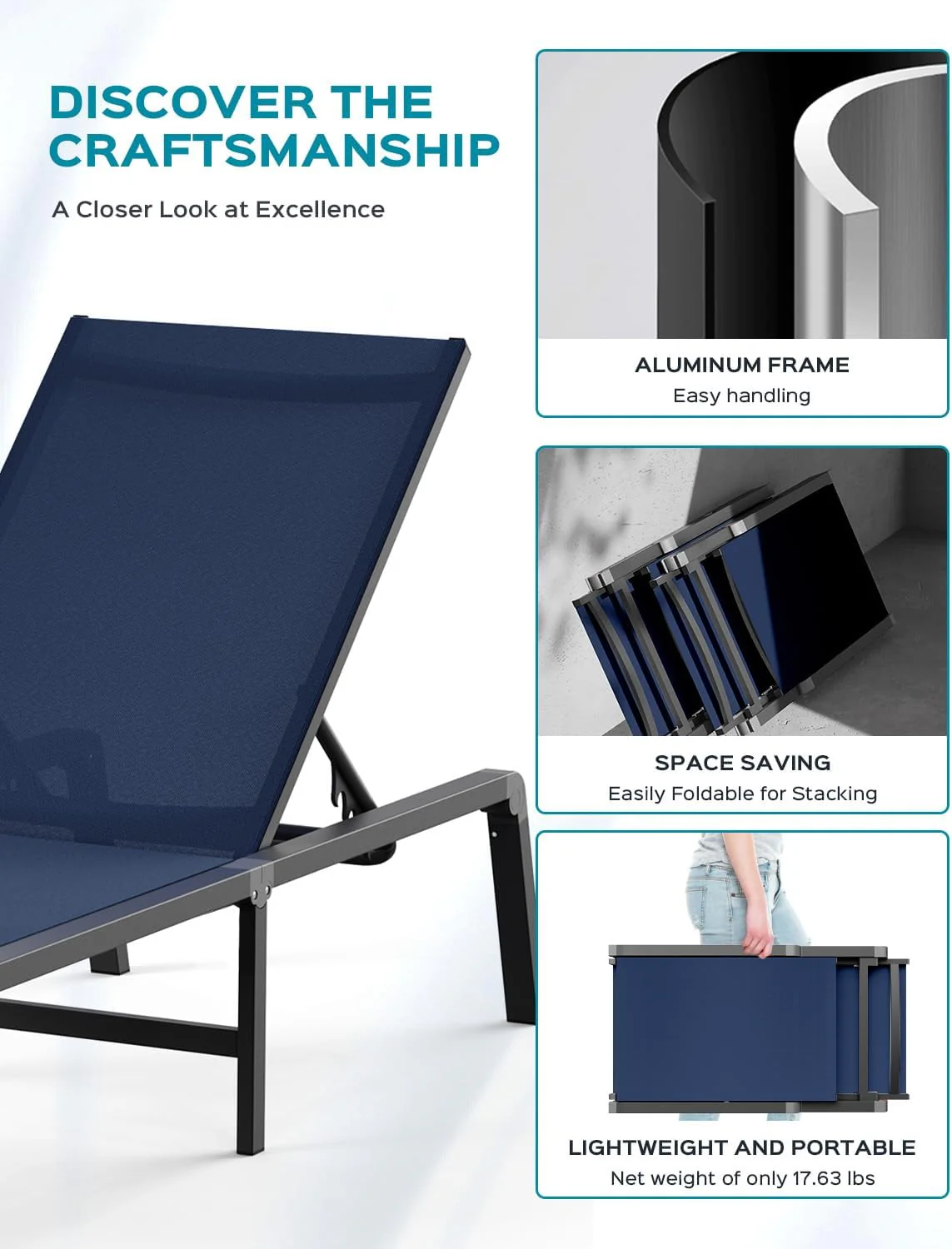 Tumbona de Aluminio para Exterior – Silla de Jardín Plegable sin Montaje, con Respaldo Ajustable en 5 Posiciones, para Terraza, Piscina, Playa – Negra