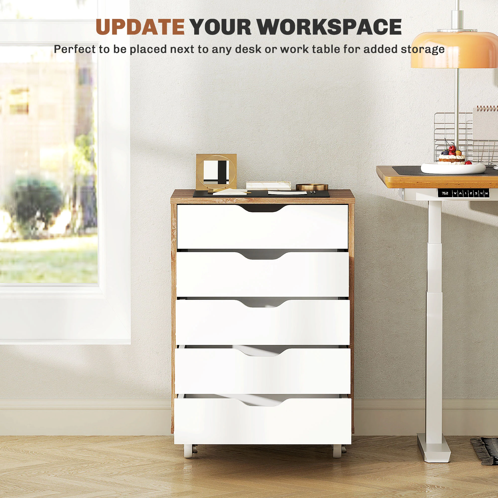 Cajonera Vertical de 5 Cajones, Mueble de Oficina Móvil con Ruedas, Roble