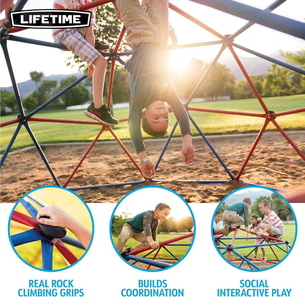 2025 Escalador Geodomo Lifetime para Niños de 5 pies de alto y 10 pies de ancho, Rojo y Azul (101301)