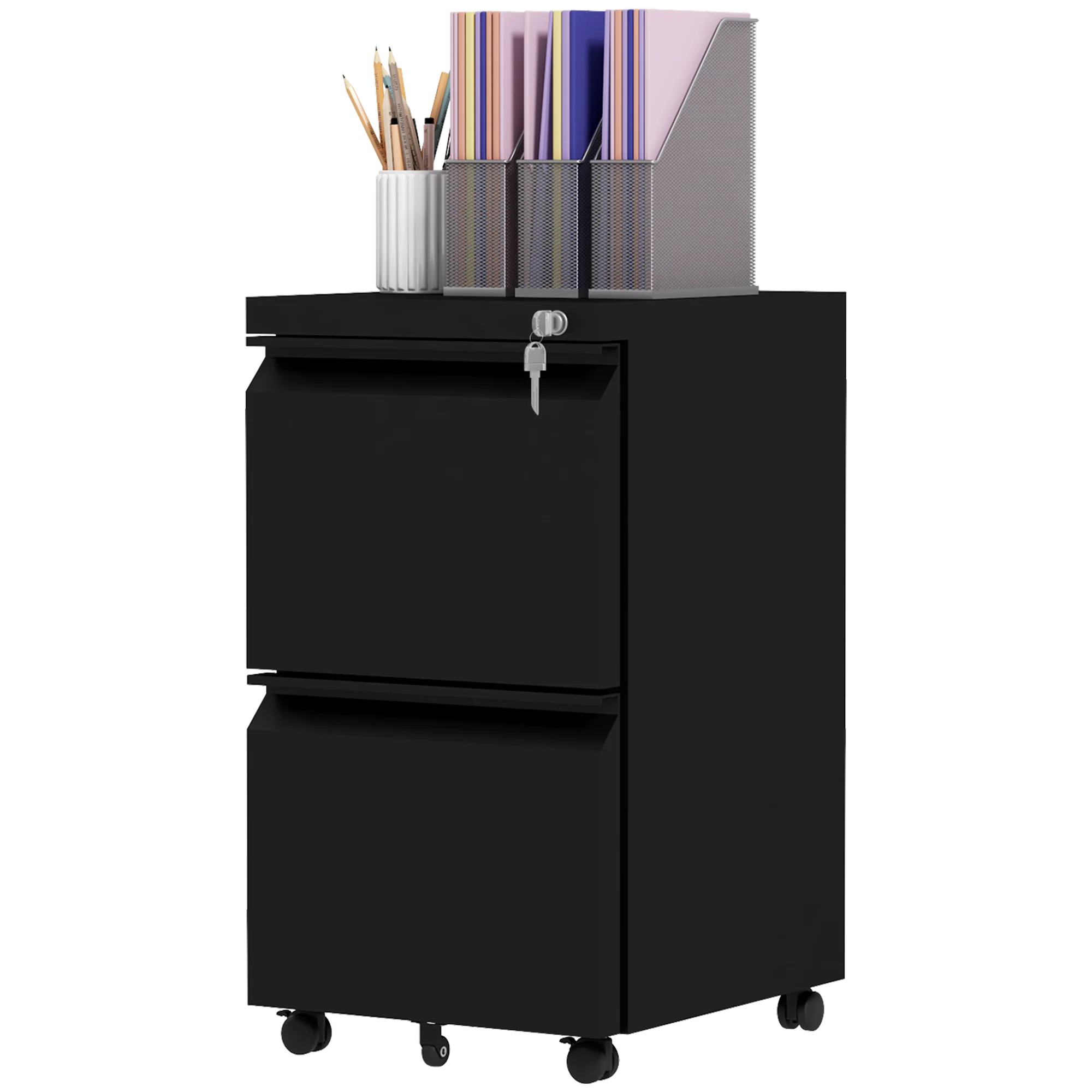 Archivador Móvil con 2 Cajones, Mueble de Archivo Cerrable de Acero, Cuerpo Preensamblado, Negro