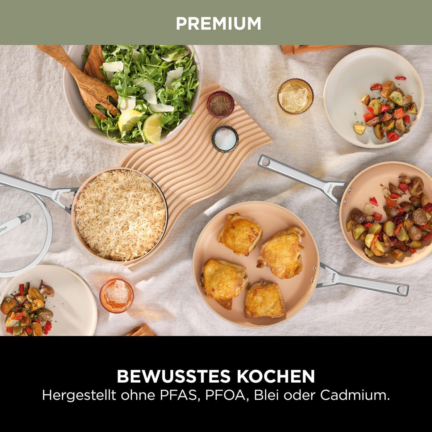 2025 Ninja Double Stack XL Freidora de Aire Caliente, 9,5 L Negro/Cobre SL400EUCP + Bloque de Cuchillos Ninja con Afilador Integrado, Blanco, K62006EUWH + Sartén Cerámica Ninja 28 cm, Terracota y Gris, CW90028DE