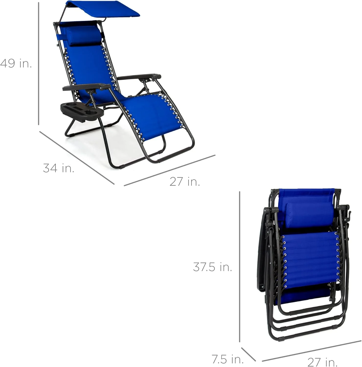 Best Choice Products – Silla Reclinable de Patio con Gravedad Cero, Ajustable y Plegable para Exteriores con Dosel, Almohada Cervical y Bandeja Lateral, Textileno – Azul Pavo Real