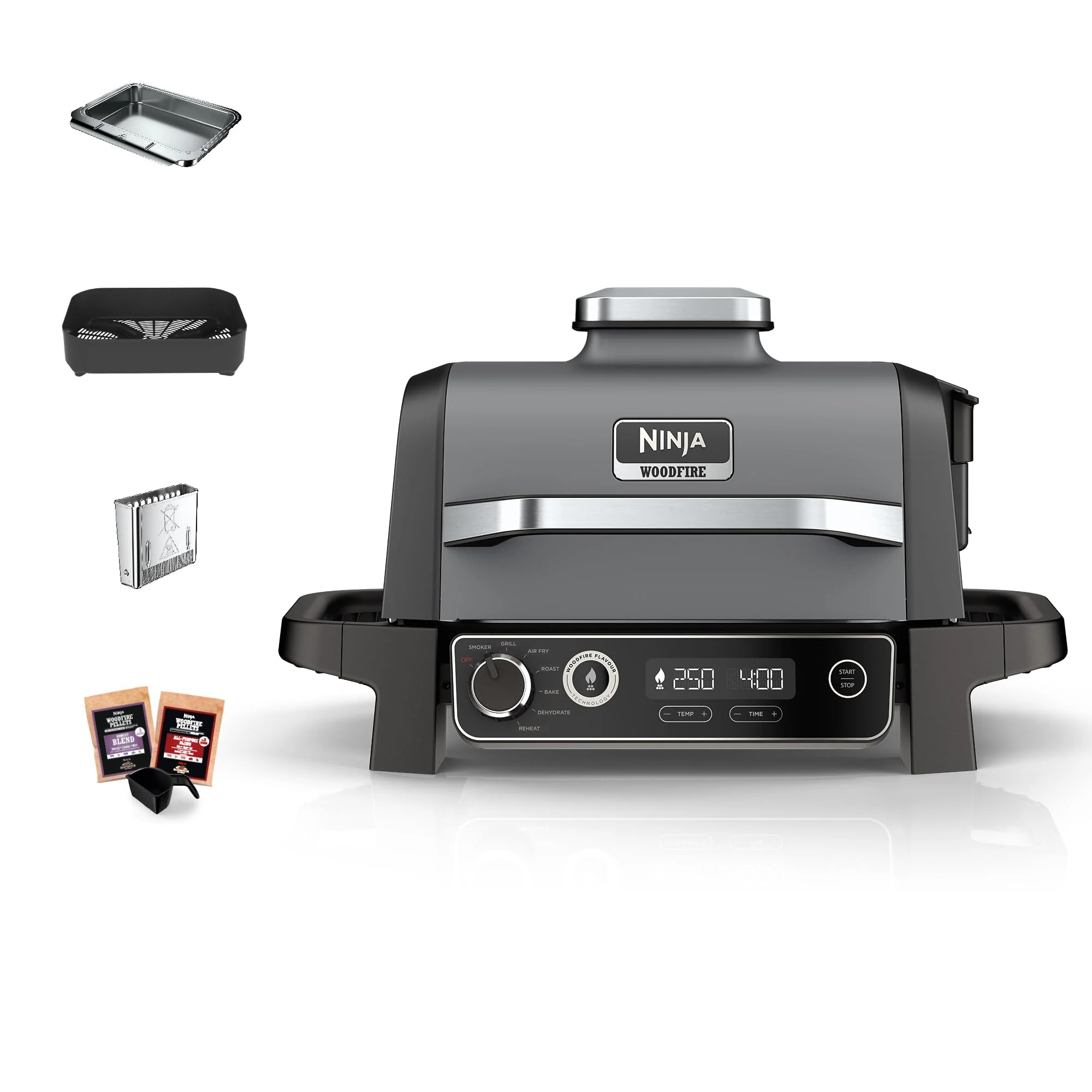 2025 Ninja Woodfire Grill Eléctrico & Ahumador & Freidora de Aire, Parrilla Exterior 7 en 1, Air Fry, Ahumado, Asado, Cocción, Resistente a la Intemperie, Antiadherente, Portátil, Eléctrico, Gris/Negro OG701EU