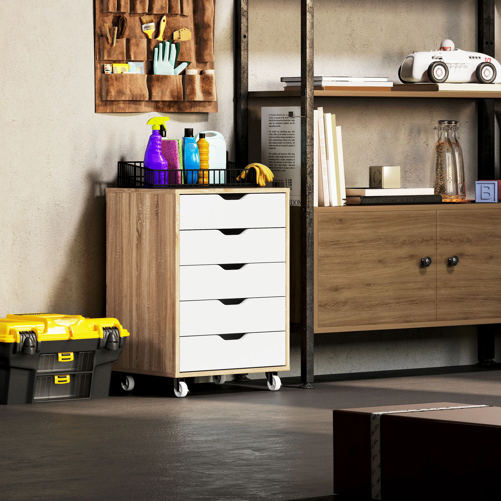 Cajonera Vertical de 5 Cajones, Mueble de Oficina Móvil con Ruedas, Roble