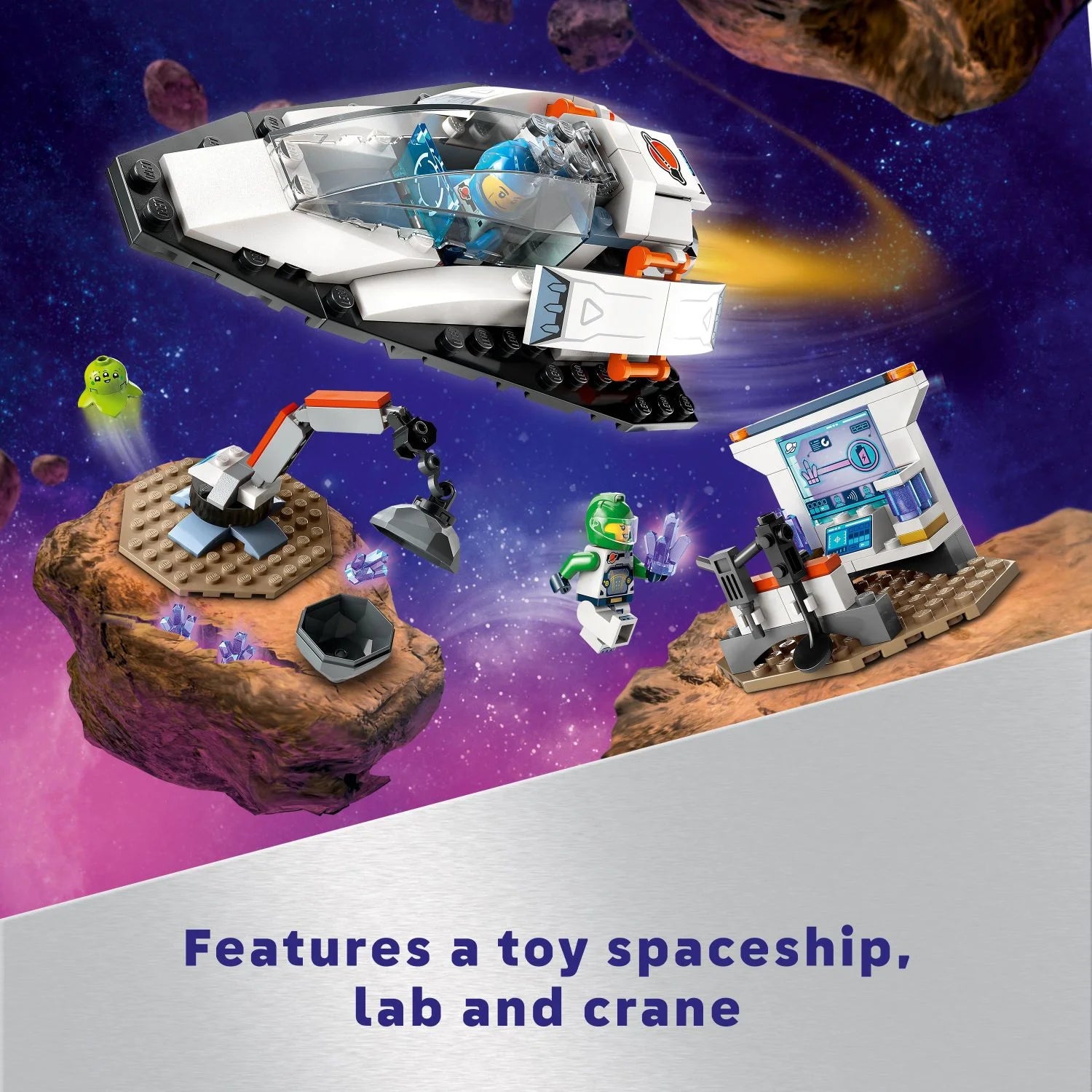 LEGO City Nave Espacial y Descubrimiento de Asteroides, Set de Construcción de Juguete, Regalo para Niños de 4 Años en Adelante que Aman el Juego de Imaginación, Incluye 2 Minifiguras de la Tripulación Espacial, Alienígena, Cristales y Juguete de Grú