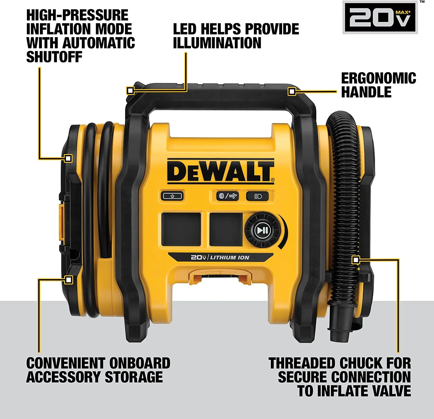 2025 Artículo #0177 DEWALT 20V MAX Compresor de neumáticos compacto y portátil, apagado automático, luz LED, herramienta sin batería ni cargador (DCC020IB)