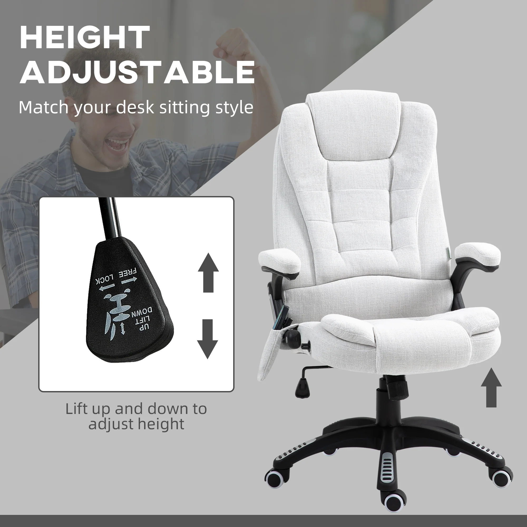 Silla de Oficina Ergonómica con Masaje de 6 Puntos y Calefacción en la Espalda, Tela Tipo Lino, Blanco Crema