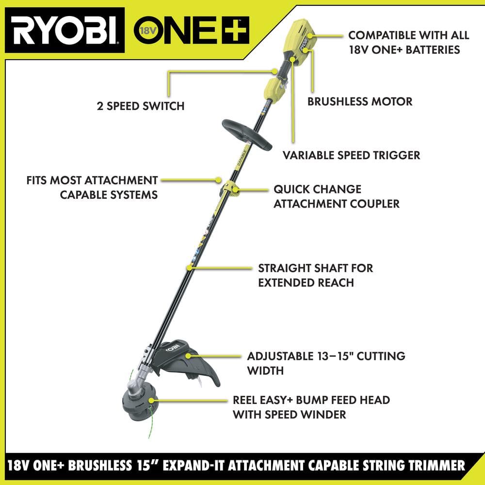 2025 Recortadora de Hilo Inalámbrica Ryobi ONE+ 18V Brushless de 15 Pulgadas con Batería de 4.0 Ah y Cargador P20110
