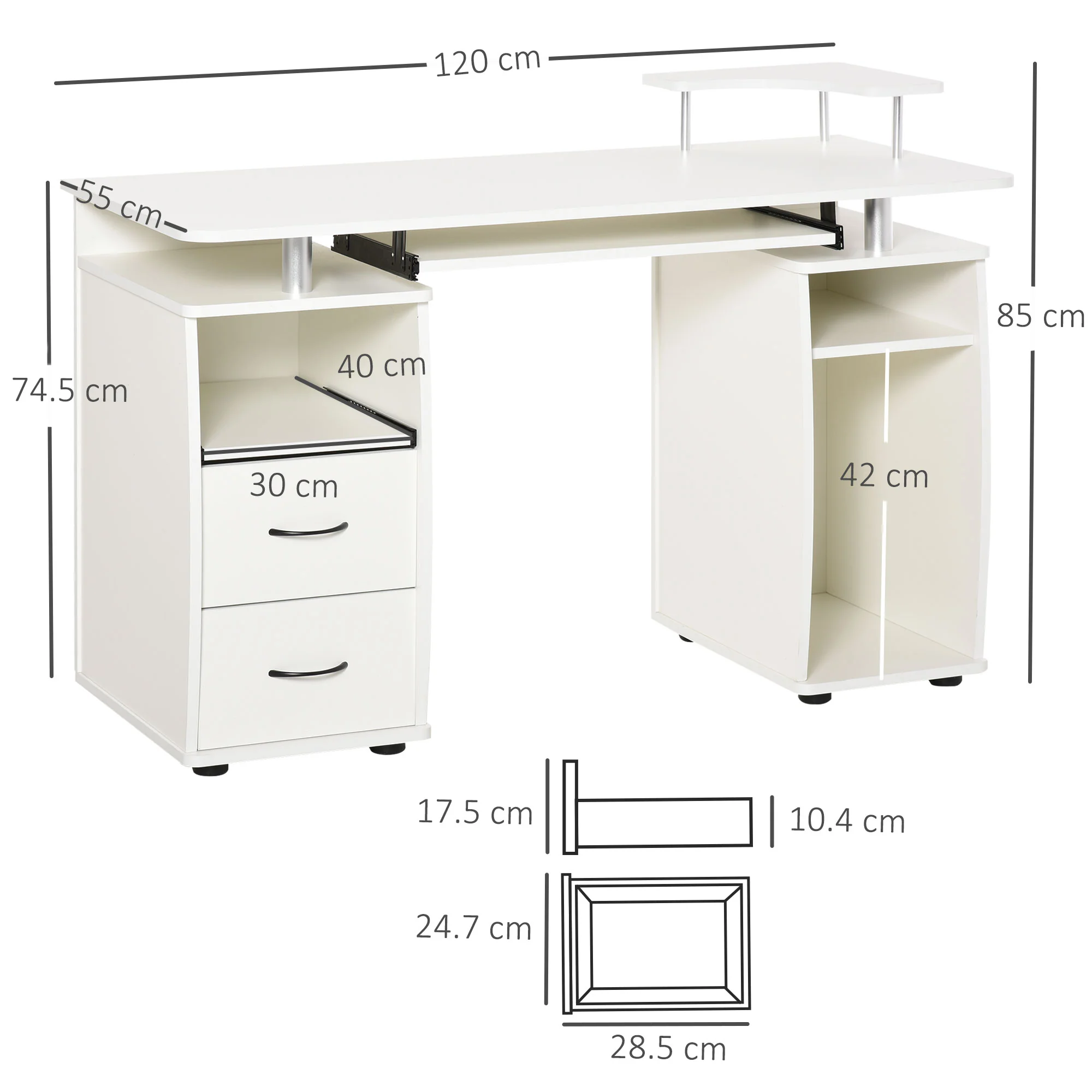 Escritorio de Ordenador para Oficina – Mesa de PC con Cajón para Teclado, Estante Deslizante para Escáner, Blanco