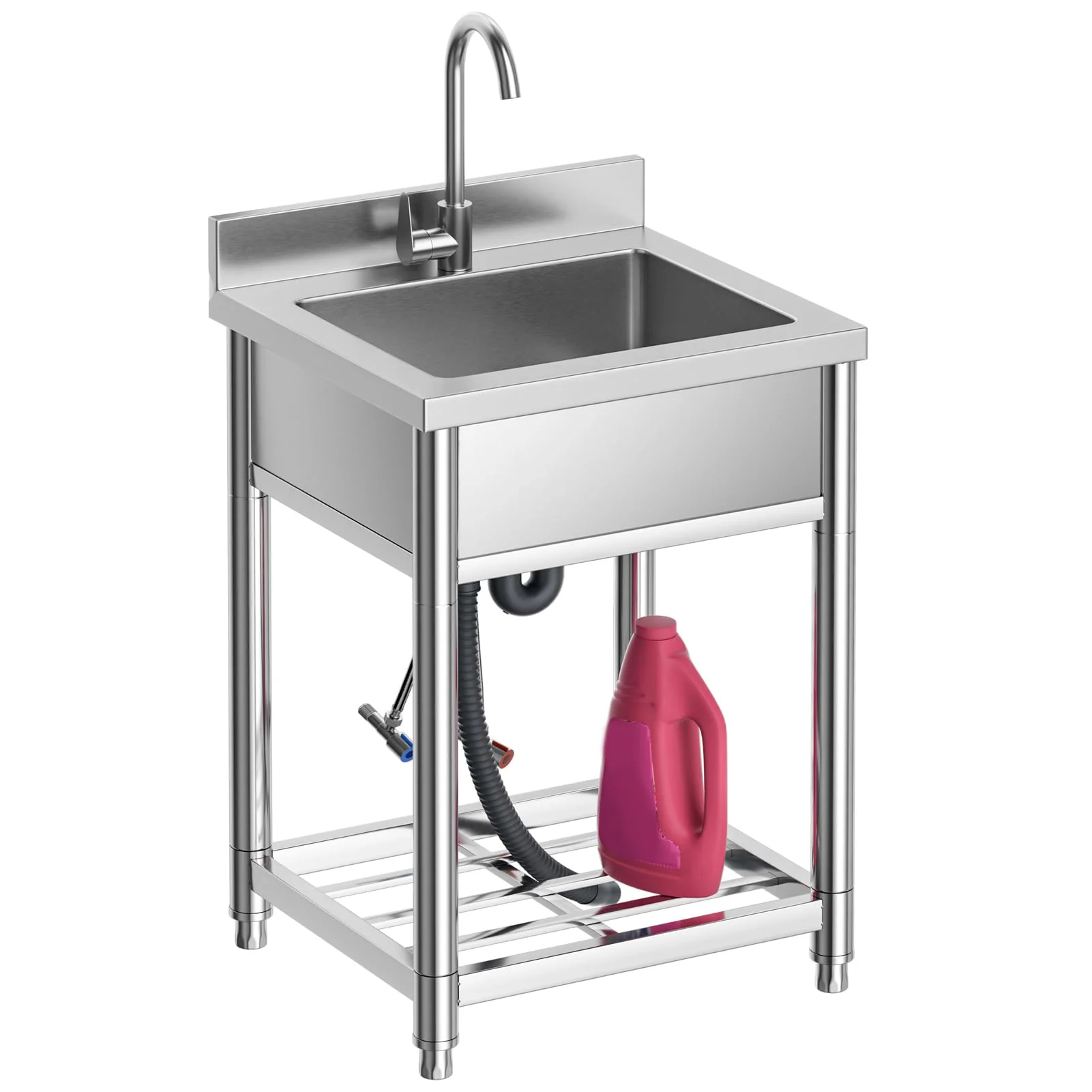 Fregadero Utilitario de Acero Inoxidable, Fregadero de Cocina Independiente de Un Solo Tazón con Grifo de Agua Fría y Caliente, Fregadero Comercial para Restaurante, Bar, Café y Hotel, Interior y Exterior, 21,7 Pulgadas