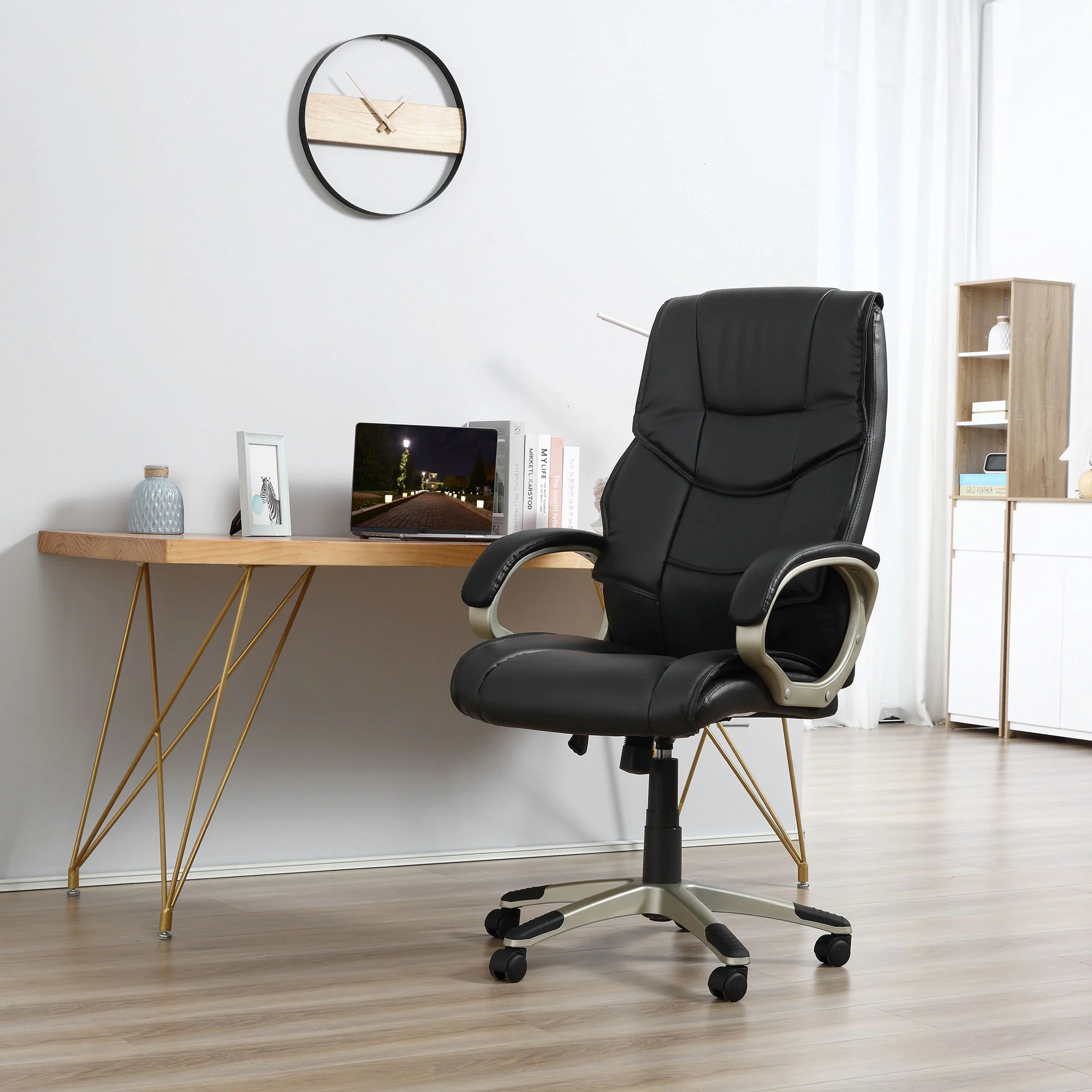 Silla de Oficina con Respaldo Alto, Sillón Giratorio de Cuero Sintético con Altura Ajustable, Negro