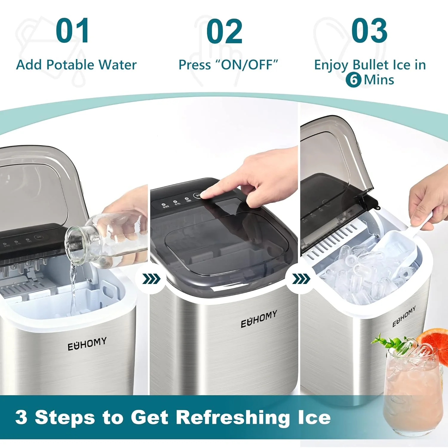 2025 Máquina de hielo portátil EUHOMY Silver Bullet de 12'' con asa – Eficiencia energética