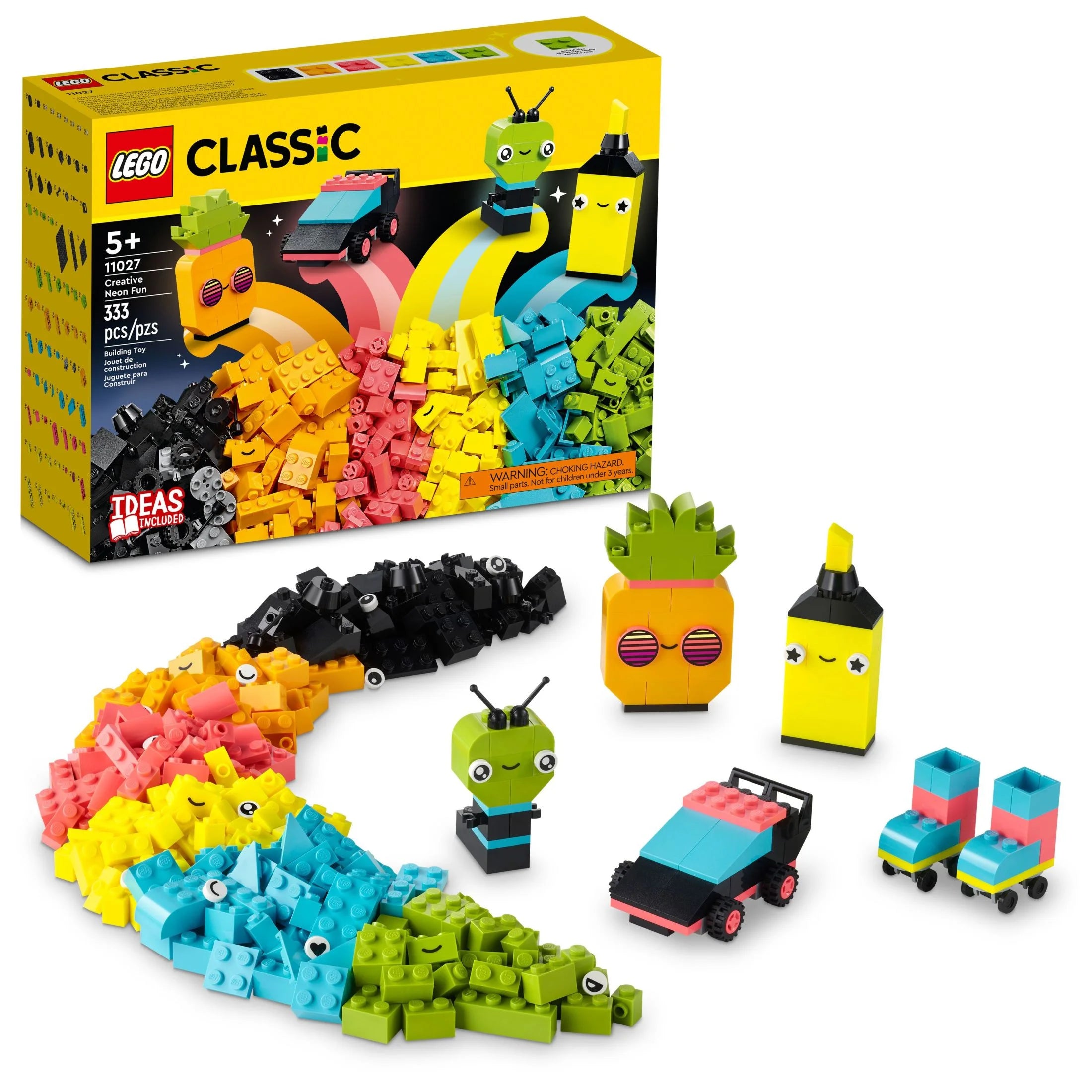 LEGO Classic Caja de Bloques Creativa con Colores Neón Divertidos 11027, Juguete de Construcción para Crear un Coche, Piña, Alienígena, Patines y Más Ideas para Niños, Niñas de 5 Años en Adelante