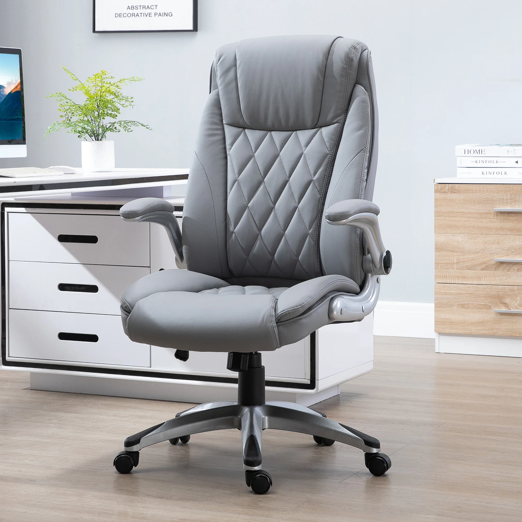2025 Silla de Oficina de Cuero PU con Reposabrazos Abatibles, Altura Ajustable y Ruedas Giratorias, Gris