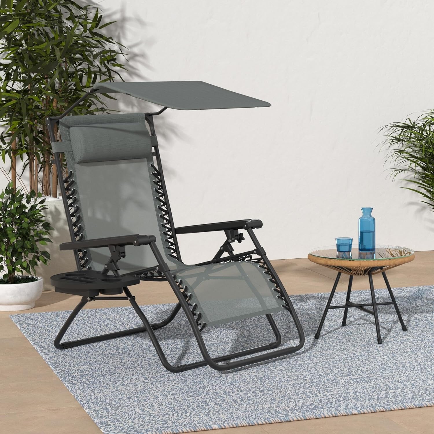 Best Choice Products – Silla Reclinable de Patio con Gravedad Cero, Ajustable y Plegable para Exteriores con Dosel, Almohada Cervical y Bandeja Lateral, Textileno – Azul Pavo Real