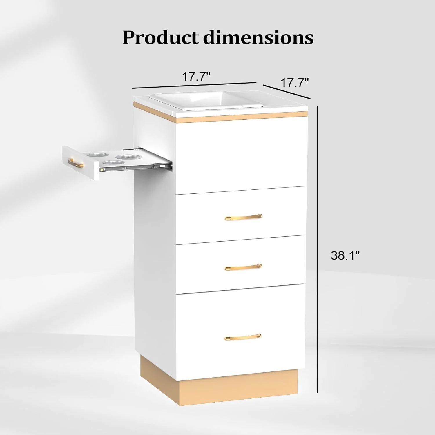 OmySalon Estación de Almacenamiento para Salones – Mueble de Peluquería con 3 Cajones, Compartimento de Almacenamiento y 3 Soportes para Secadores – Color Oro Blanco